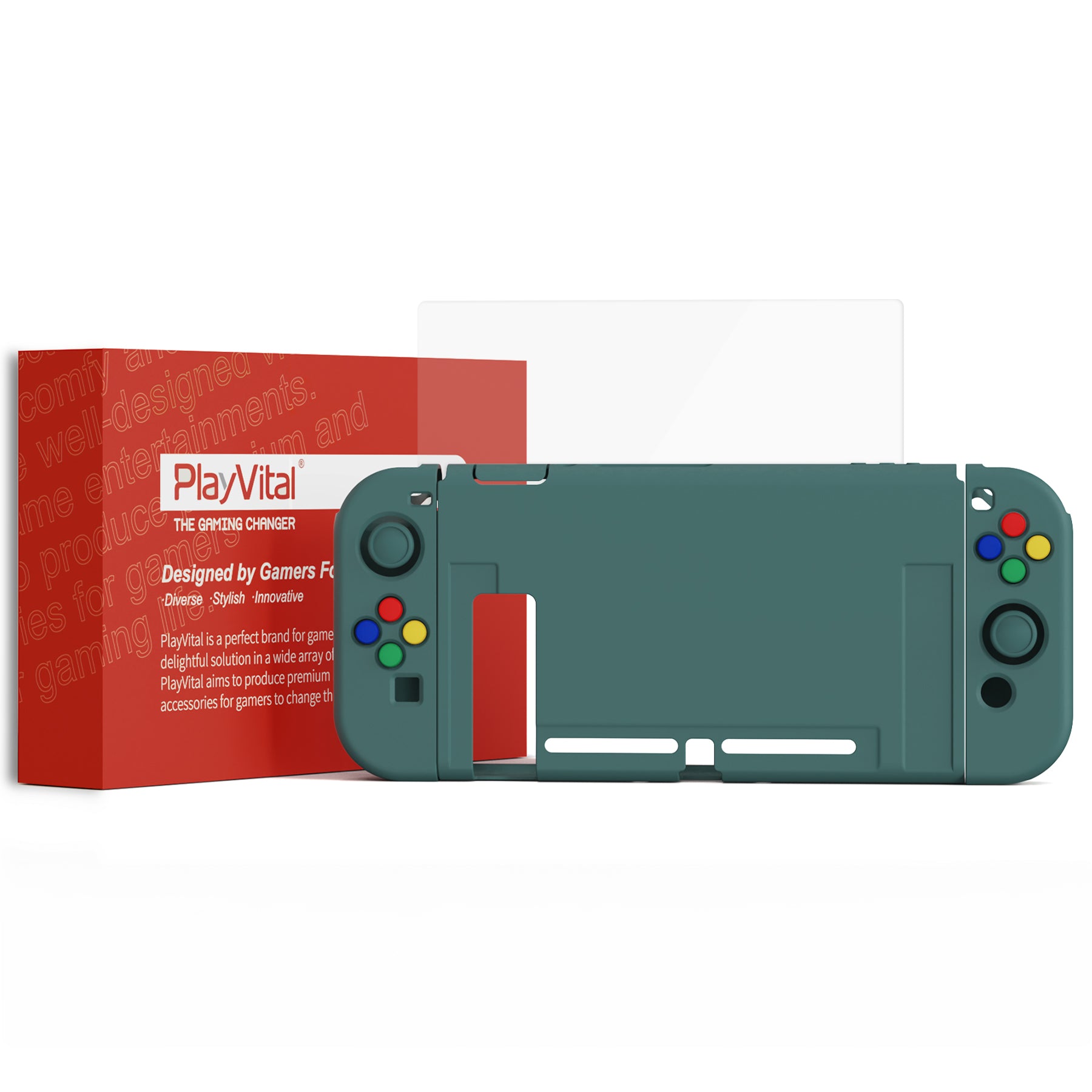 PlayVital ZealProtect Soft Protective Case for Nintendo Switch, Flexible Cover for Switch with Tempered Glass Screen Protector & Thumb Grips & ABXY Direction Button Caps - Hunter Green - RNSYM5008 playvital