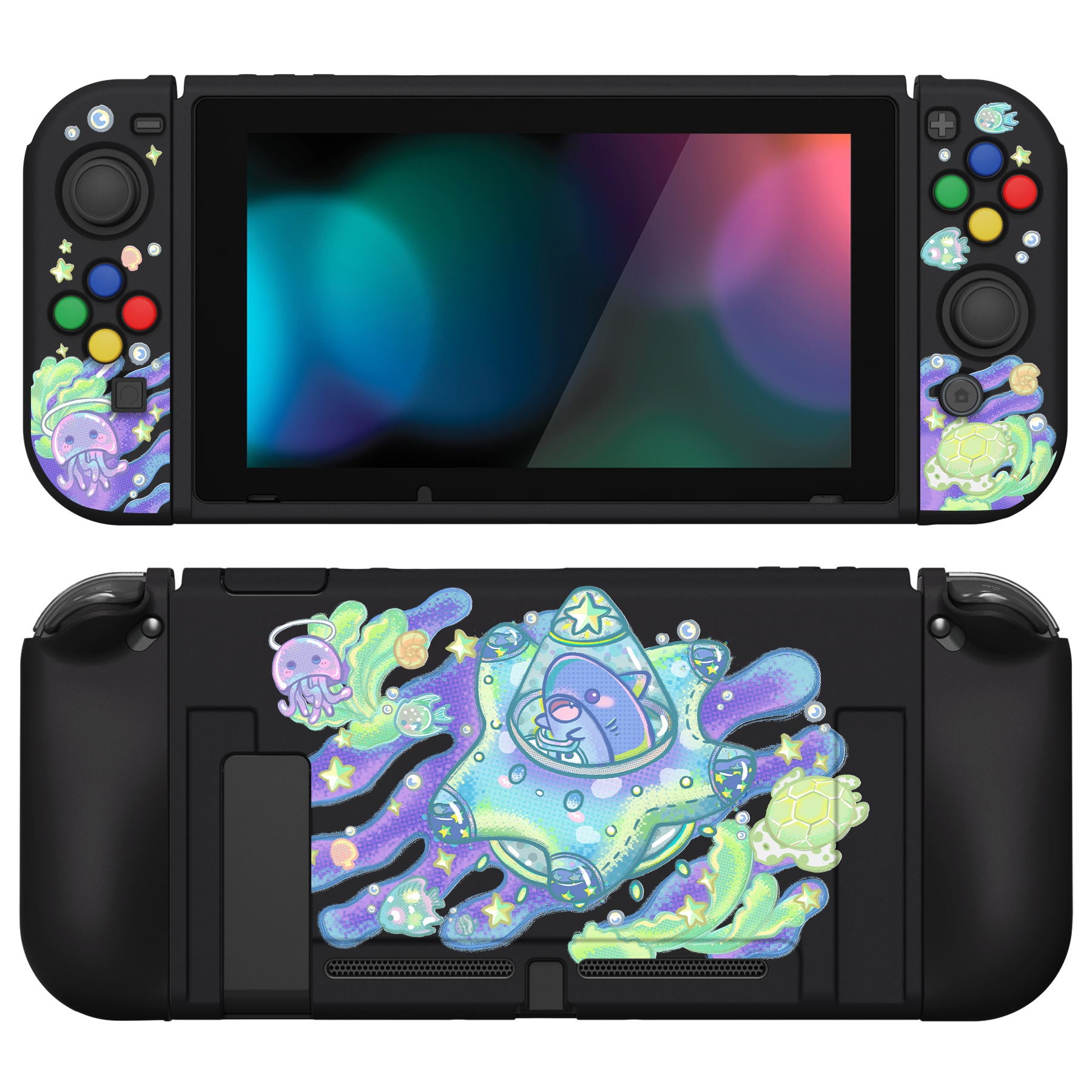 PlayVital ZealProtect Soft Protective Case for Nintendo Switch, Flexible Cover for Switch with Tempered Glass Screen Protector & Thumb Grips & ABXY Direction Button Caps - Shark Quest - RNSYV6039 playvital