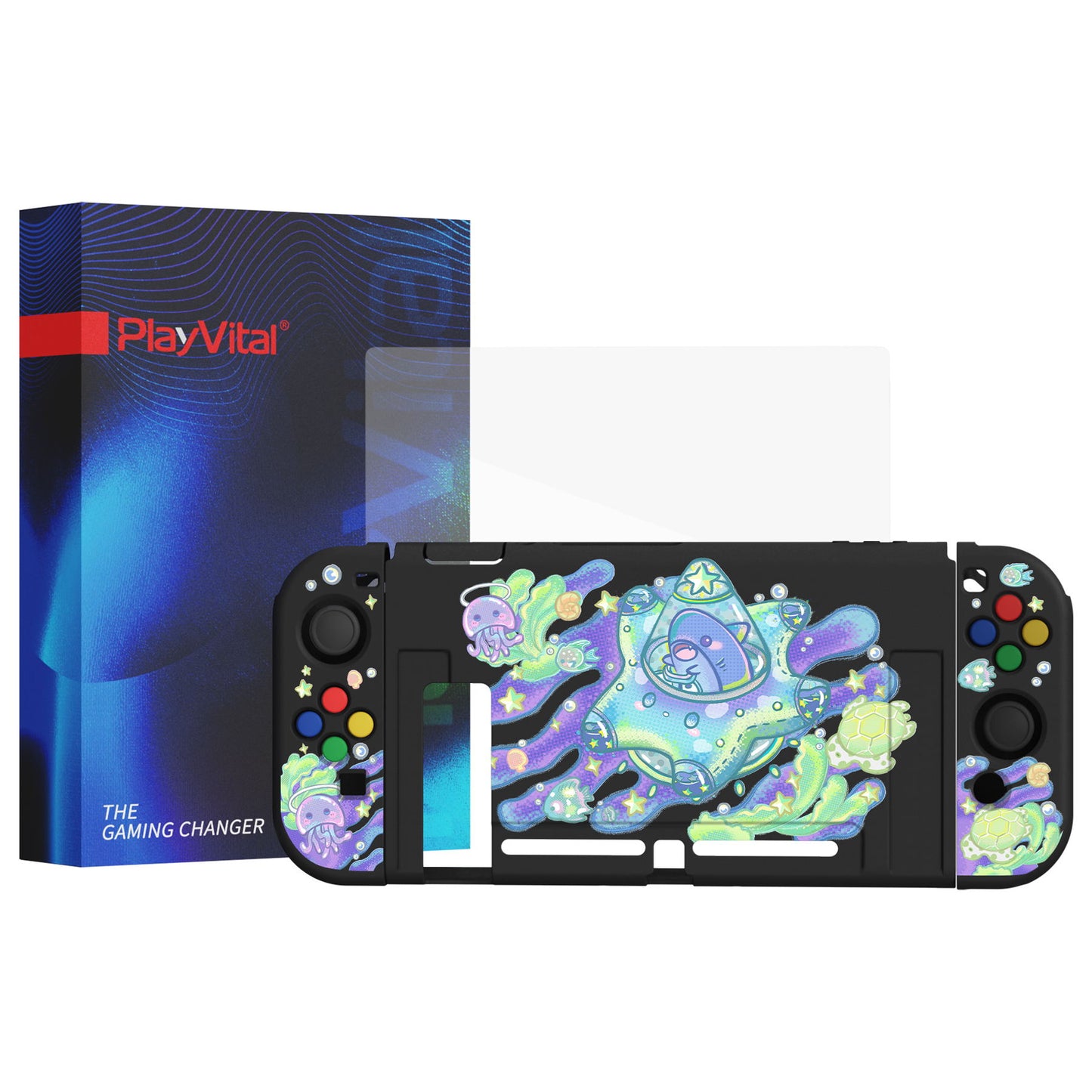 PlayVital ZealProtect Soft Protective Case for Nintendo Switch, Flexible Cover for Switch with Tempered Glass Screen Protector & Thumb Grips & ABXY Direction Button Caps - Shark Quest - RNSYV6039 playvital