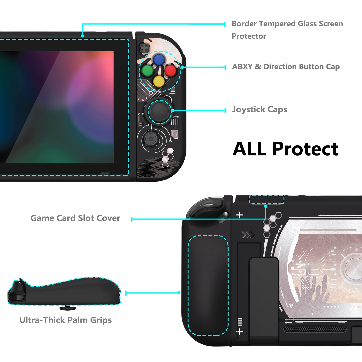 PlayVital ZealProtect Soft Protective Case for Nintendo Switch, Flexible Cover for Switch with Tempered Glass Screen Protector & Thumb Grips & ABXY Direction Button Caps - Silver Splatter - RNSYV6053 playvital