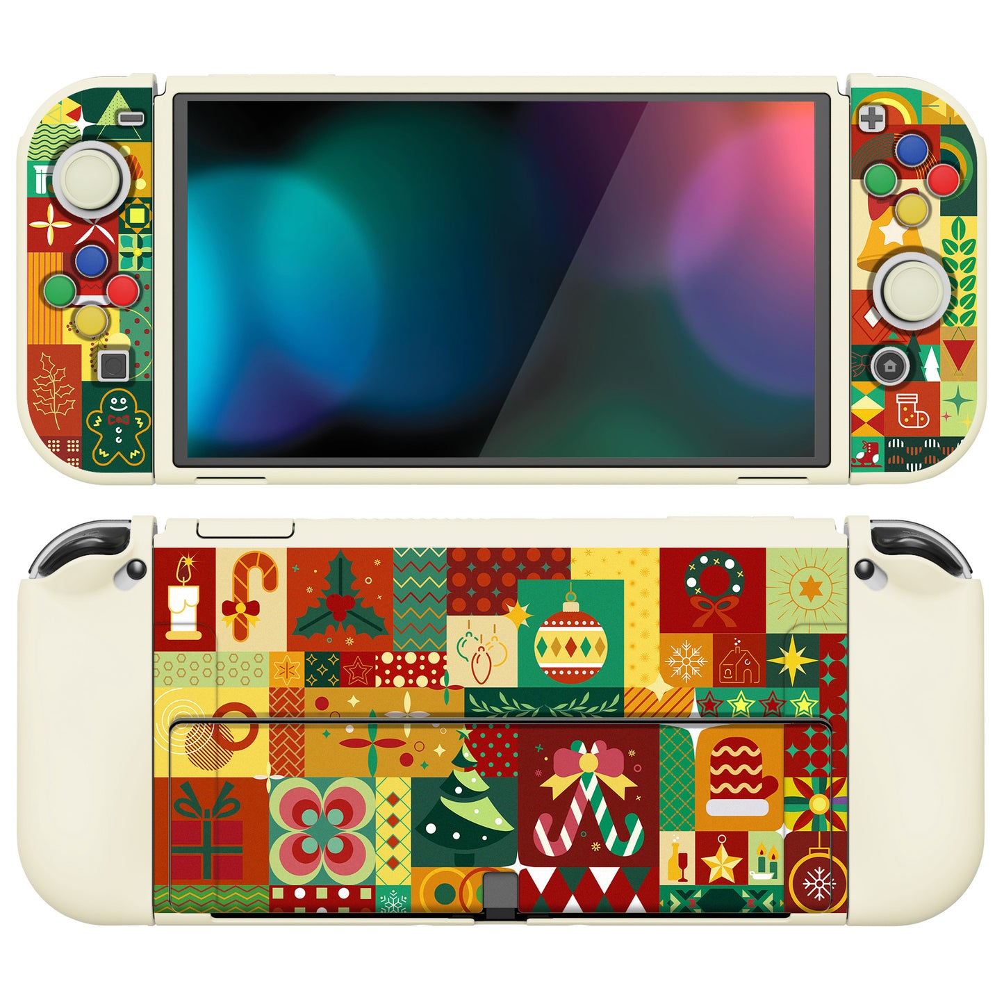 PlayVital ZealProtect Soft Protective Case for Switch OLED, Flexible Protector Grip Cover for Switch OLED with Thumb Grip Caps & ABXY Direction Button Caps - Christmas Wrap - XSOYV6047