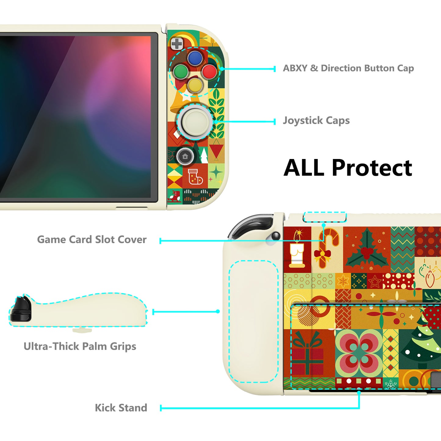 PlayVital ZealProtect Soft Protective Case for Switch OLED, Flexible Protector Grip Cover for Switch OLED with Thumb Grip Caps & ABXY Direction Button Caps - Christmas Wrap - XSOYV6047