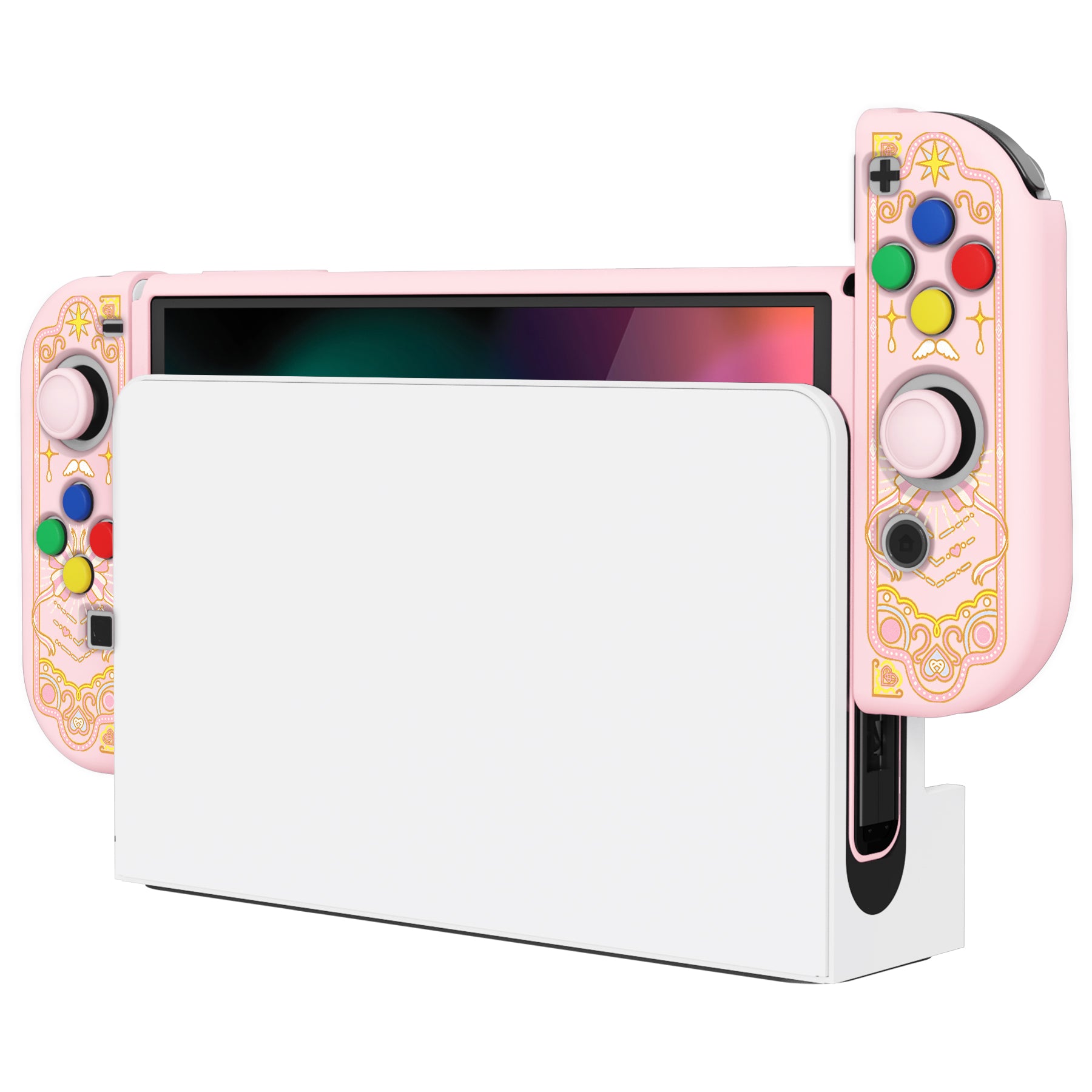 PlayVital ZealProtect Soft Protective Case for Switch OLED, Flexible Protector Grip Cover for Switch OLED with Thumb Grip Caps & ABXY Direction Button Caps - Magic Wings - XSOYV6046 playvital