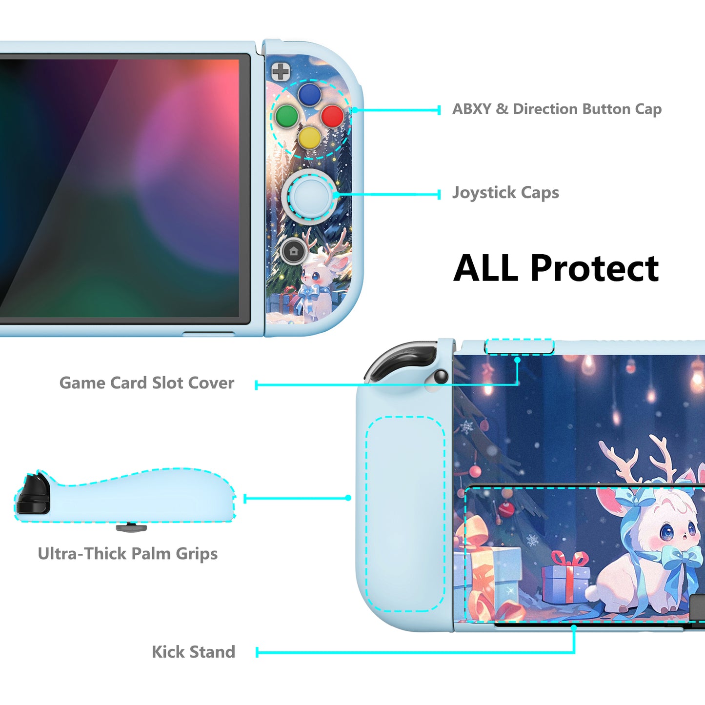 PlayVital ZealProtect Soft Protective Case for Switch OLED, Flexible Protector Grip Cover for Switch OLED with Thumb Grip Caps & ABXY Direction Button Caps - Santa Deer - XSOYV6044 playvital