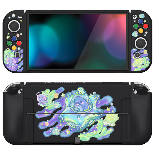 PlayVital ZealProtect Soft Protective Case for Switch OLED, Flexible Protector Joycon Grip Cover for Switch OLED with Thumb Grip Caps & ABXY Direction Button Caps - Shark Quest - XSOYV6030 playvital