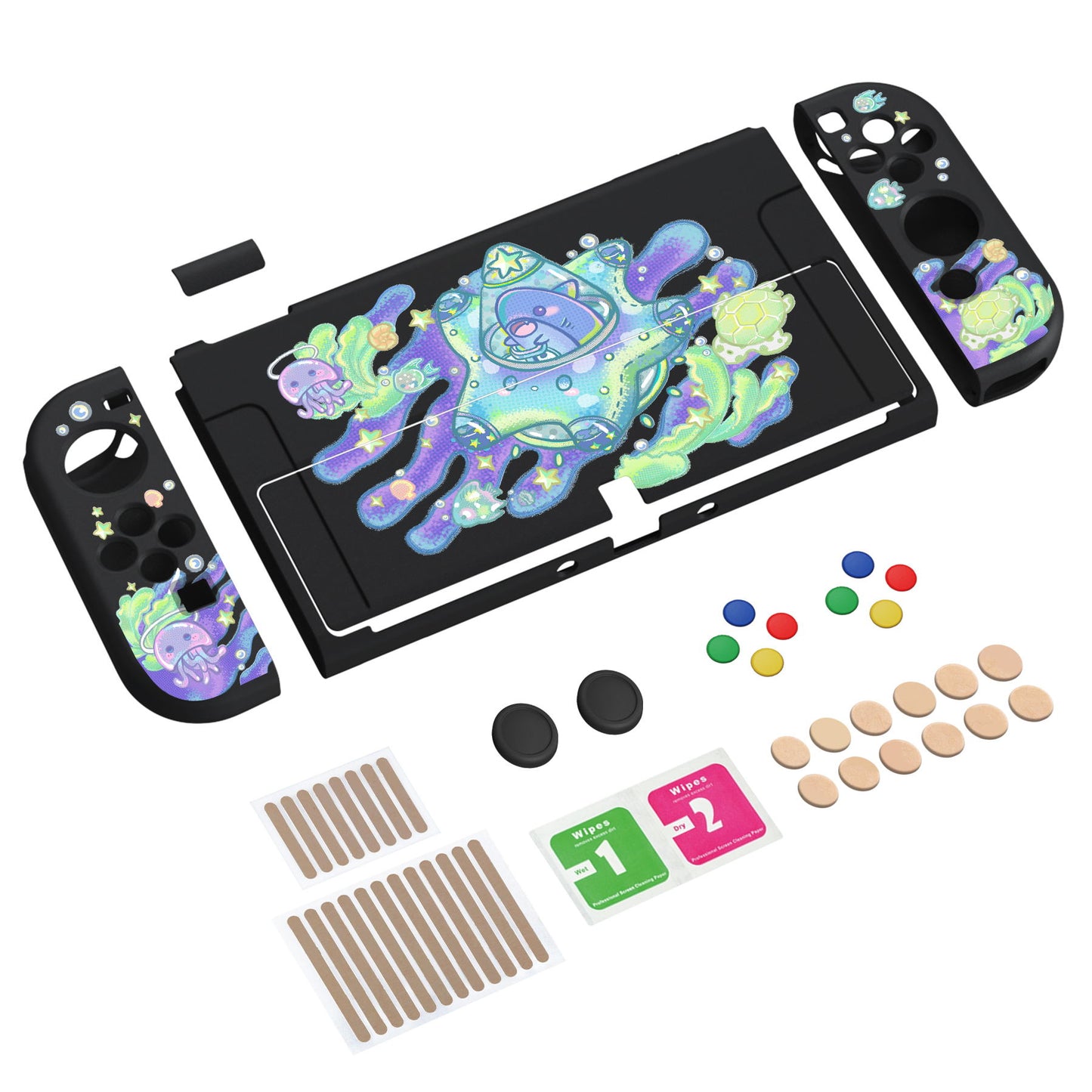 PlayVital ZealProtect Soft Protective Case for Switch OLED, Flexible Protector Joycon Grip Cover for Switch OLED with Thumb Grip Caps & ABXY Direction Button Caps - Shark Quest - XSOYV6030 playvital