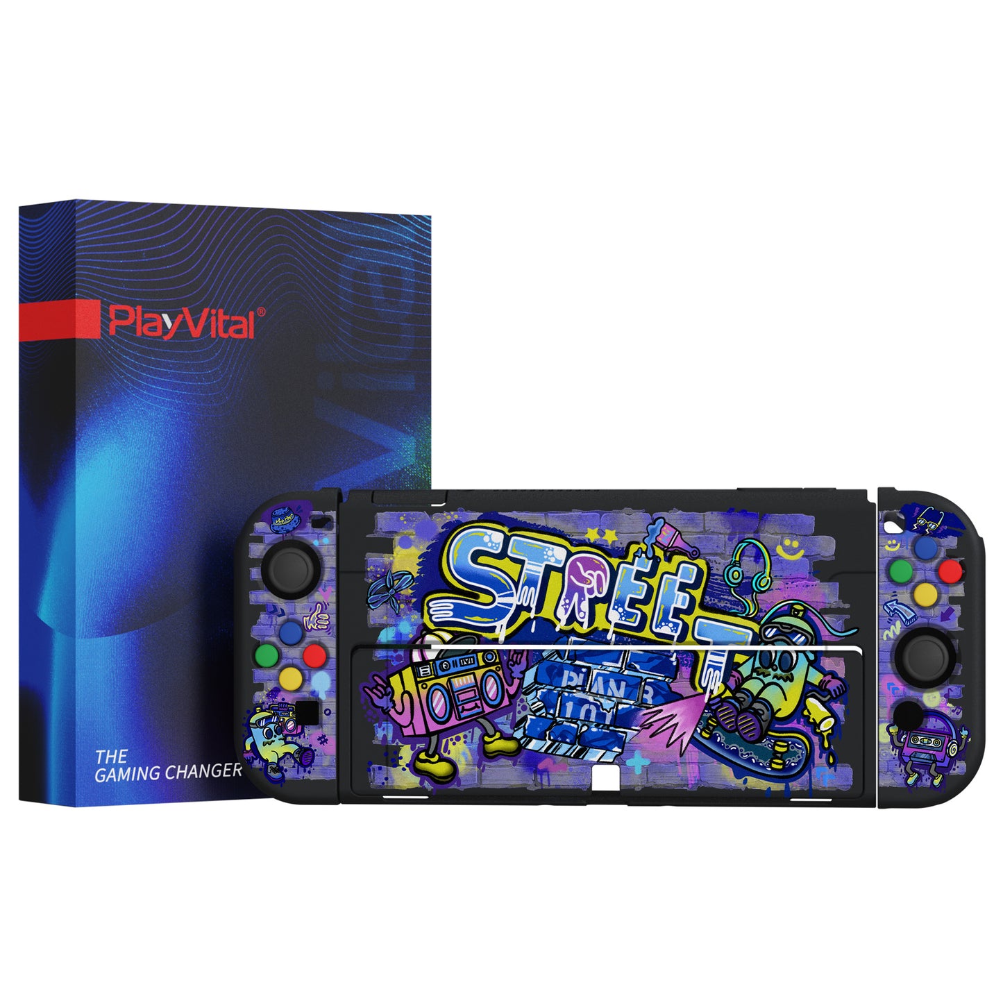 PlayVital ZealProtect Soft Protective Case for Switch OLED, Flexible Protector Joycon Grip Cover for Switch OLED with Thumb Grip Caps & ABXY Direction Button Caps - Street Art - XSOYV6041 playvital