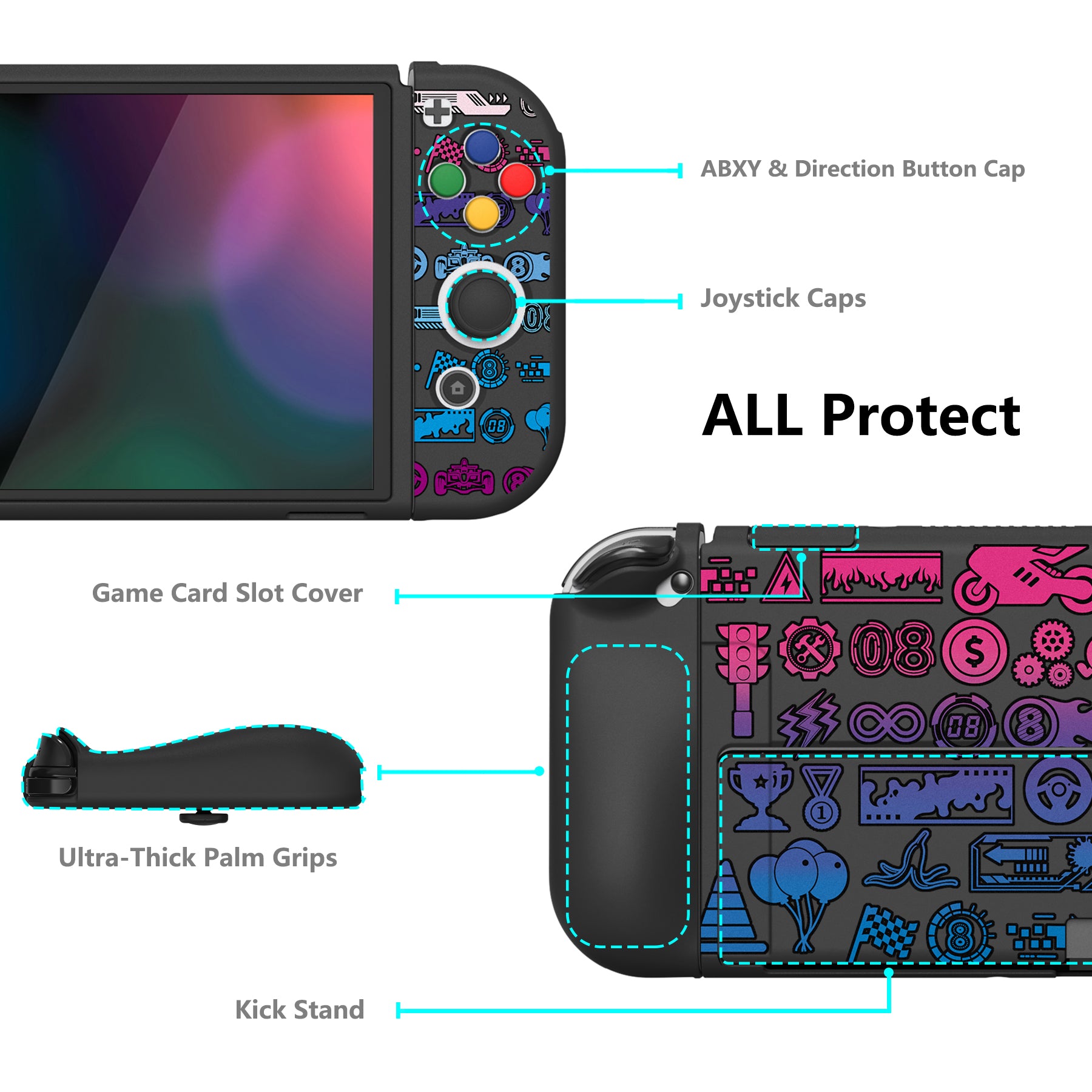 PlayVital ZealProtect Soft TPU Slim Protective Case with Thumb Grip Caps & ABXY Direction Button Caps for NS Switch OLED - Deluxe Championship - XSOYV6049 playvital