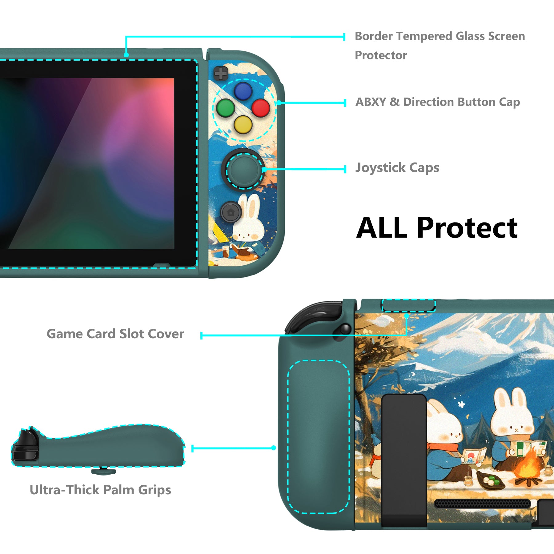 PlayVital ZealProtect Soft TPU Slim Protective Case with Tempered Glass Screen Protector & Thumb Grips & ABXY Direction Button Caps for NS Switch - Camping Bunnies - RNSYV6058 playvital