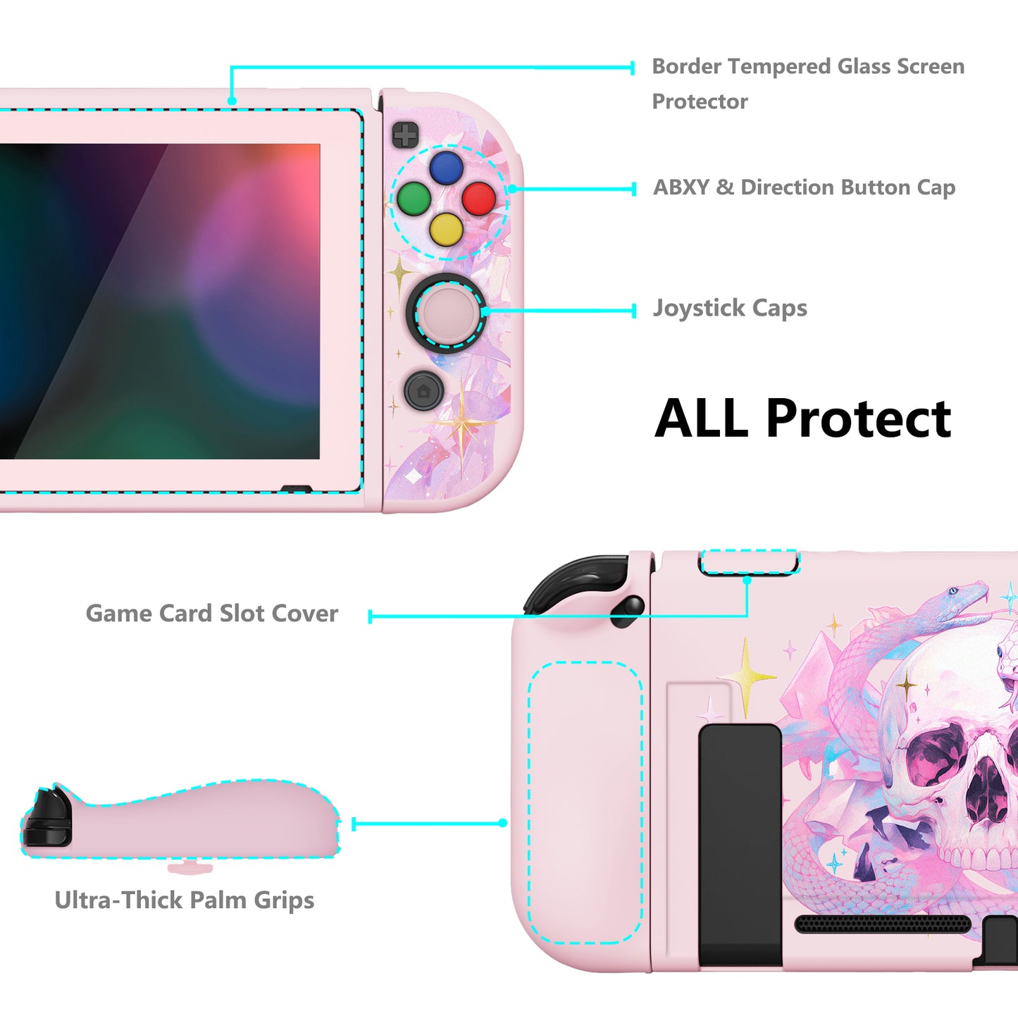 PlayVital ZealProtect Soft TPU Slim Protective Case with Tempered Glass Screen Protector & Thumb Grips & ABXY Direction Button Caps for NS Switch - Celestial Serpent's Embrace - RNSYV6057 playvital