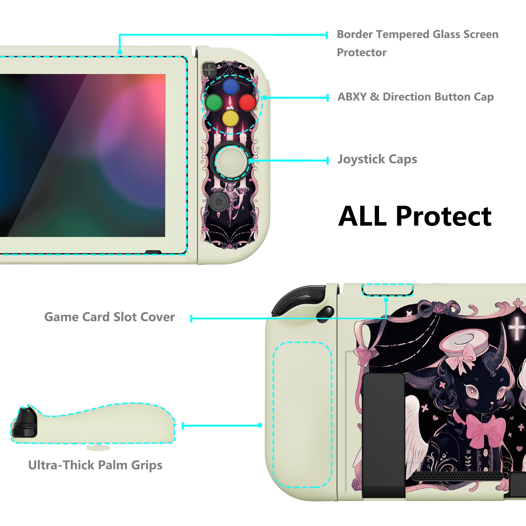 PlayVital ZealProtect Soft TPU Slim Protective Case with Tempered Glass Screen Protector & Thumb Grips & ABXY Direction Button Caps for NS Switch - Darkling Sheep - RNSYV6056 playvital