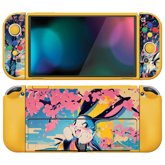 PlayVital ZealProtect Soft TPU Slim Protective Case with Thumb Grip Caps & ABXY Direction Button Caps for NS Switch OLED - Blossom POP Bunny - XSOYV6053 playvital
