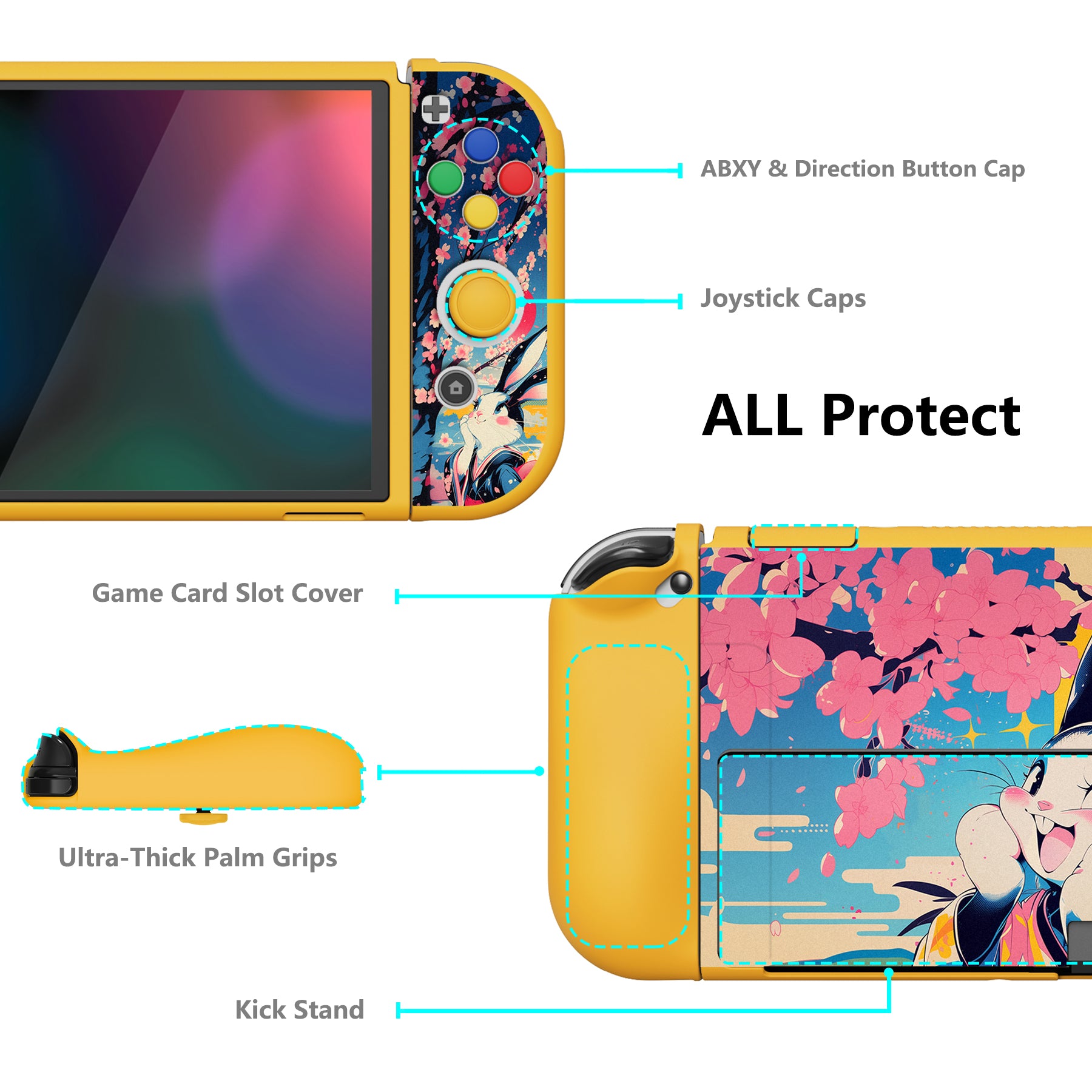 PlayVital ZealProtect Soft TPU Slim Protective Case with Thumb Grip Caps & ABXY Direction Button Caps for NS Switch OLED - Blossom POP Bunny - XSOYV6053 playvital
