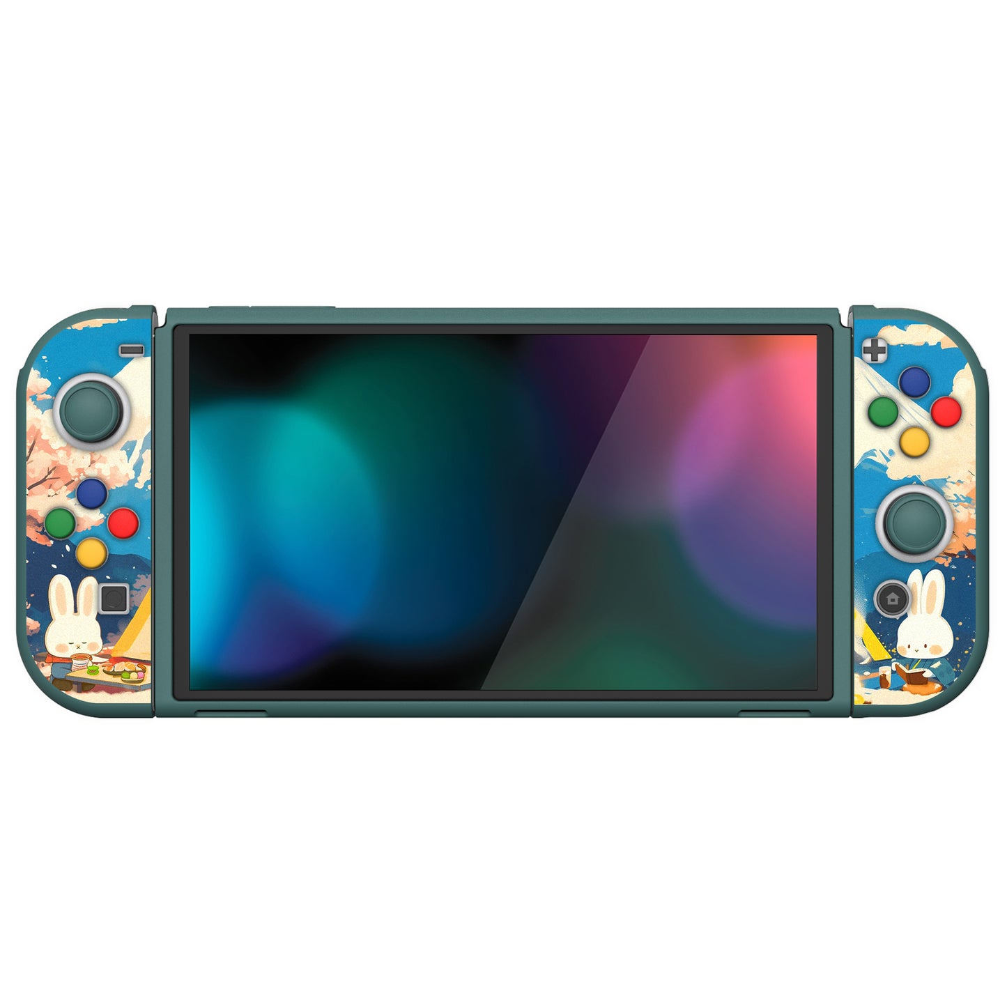 PlayVital ZealProtect Soft TPU Slim Protective Case with Thumb Grip Caps & ABXY Direction Button Caps for NS Switch OLED - Camping Bunnies - XSOYV6052 playvital