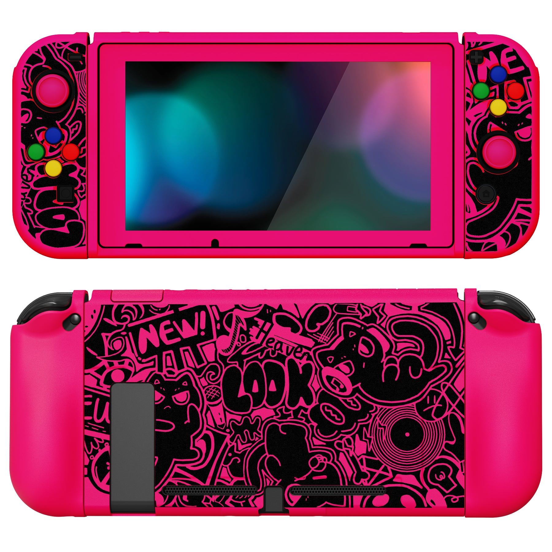 PlayVital ZealProtect Soft TPU Slim Protective Case with Tempered Glass Screen Protector & Thumb Grips & ABXY Direction Button Caps for Nintendo Switch - VV & Bright Pink playvital