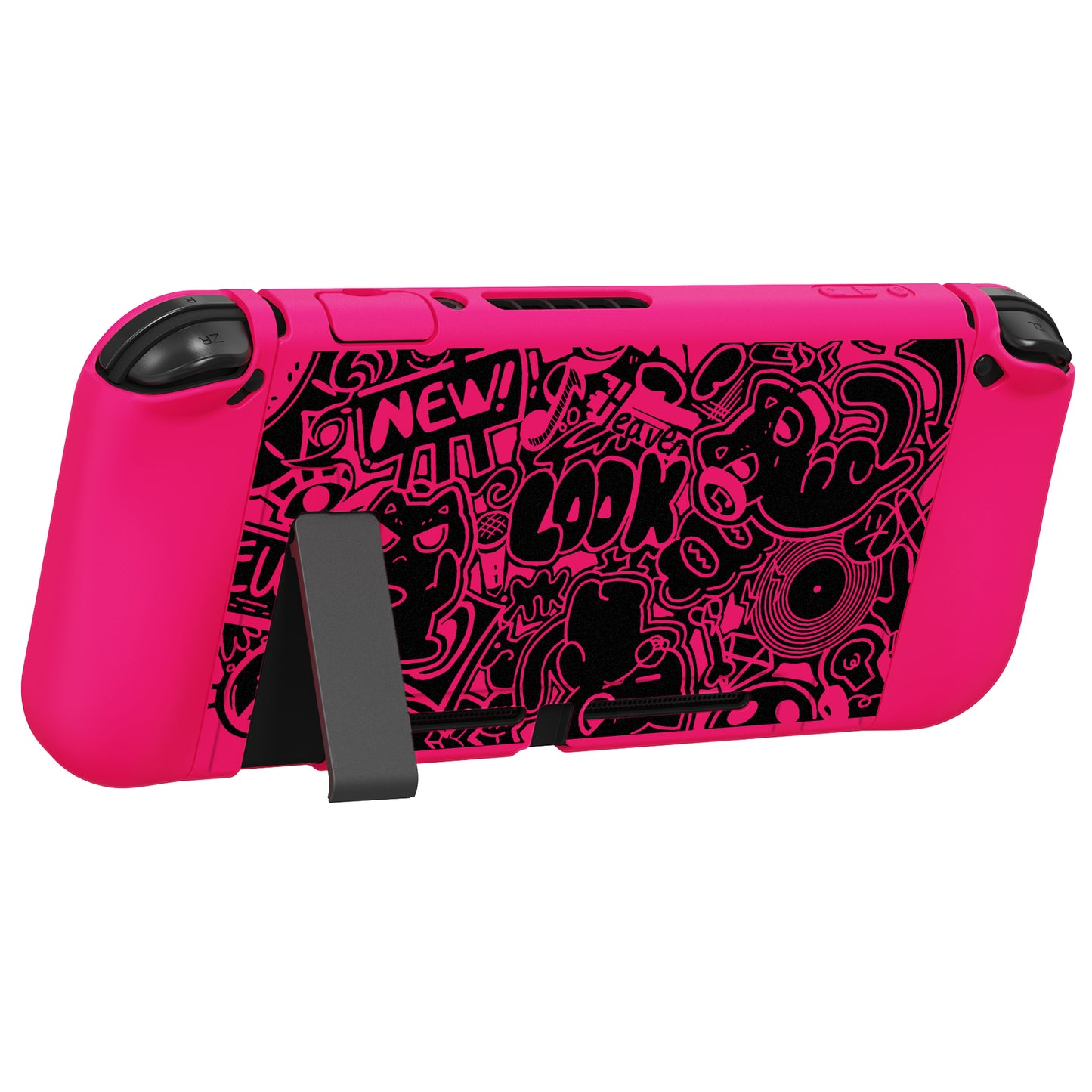 PlayVital ZealProtect Soft TPU Slim Protective Case with Tempered Glass Screen Protector & Thumb Grips & ABXY Direction Button Caps for Nintendo Switch - VV & Bright Pink playvital