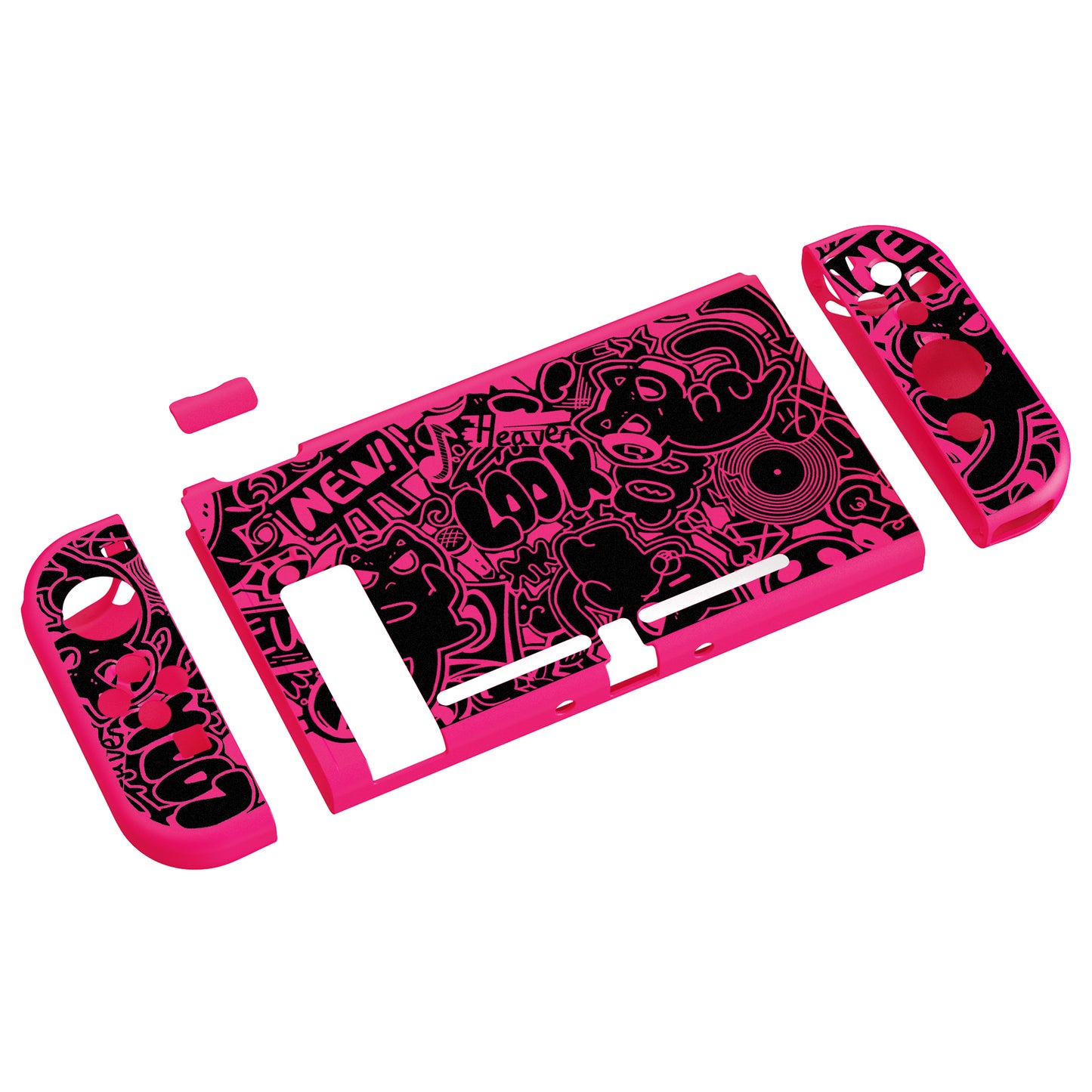 PlayVital ZealProtect Soft TPU Slim Protective Case with Tempered Glass Screen Protector & Thumb Grips & ABXY Direction Button Caps for Nintendo Switch - VV & Bright Pink playvital