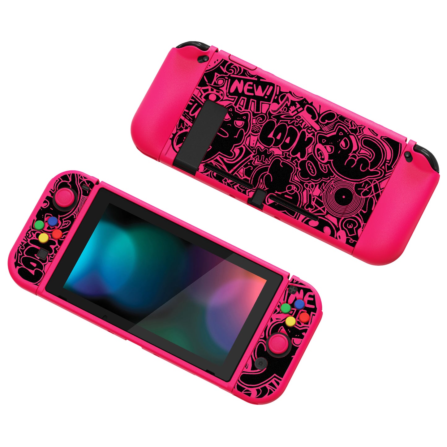 PlayVital ZealProtect Soft TPU Slim Protective Case with Tempered Glass Screen Protector & Thumb Grips & ABXY Direction Button Caps for Nintendo Switch - VV & Bright Pink playvital