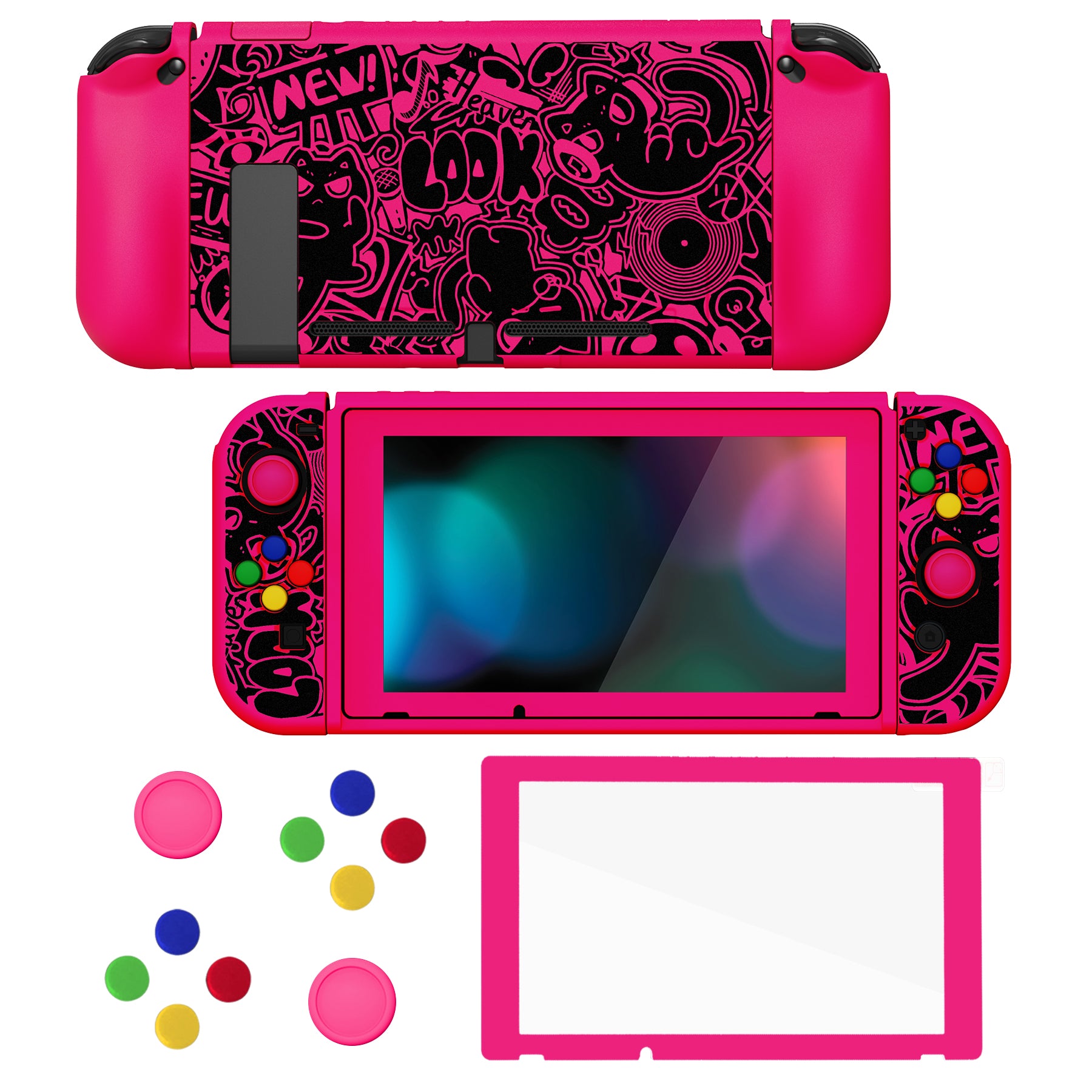 PlayVital ZealProtect Soft TPU Slim Protective Case with Tempered Glass Screen Protector & Thumb Grips & ABXY Direction Button Caps for Nintendo Switch - VV & Bright Pink playvital