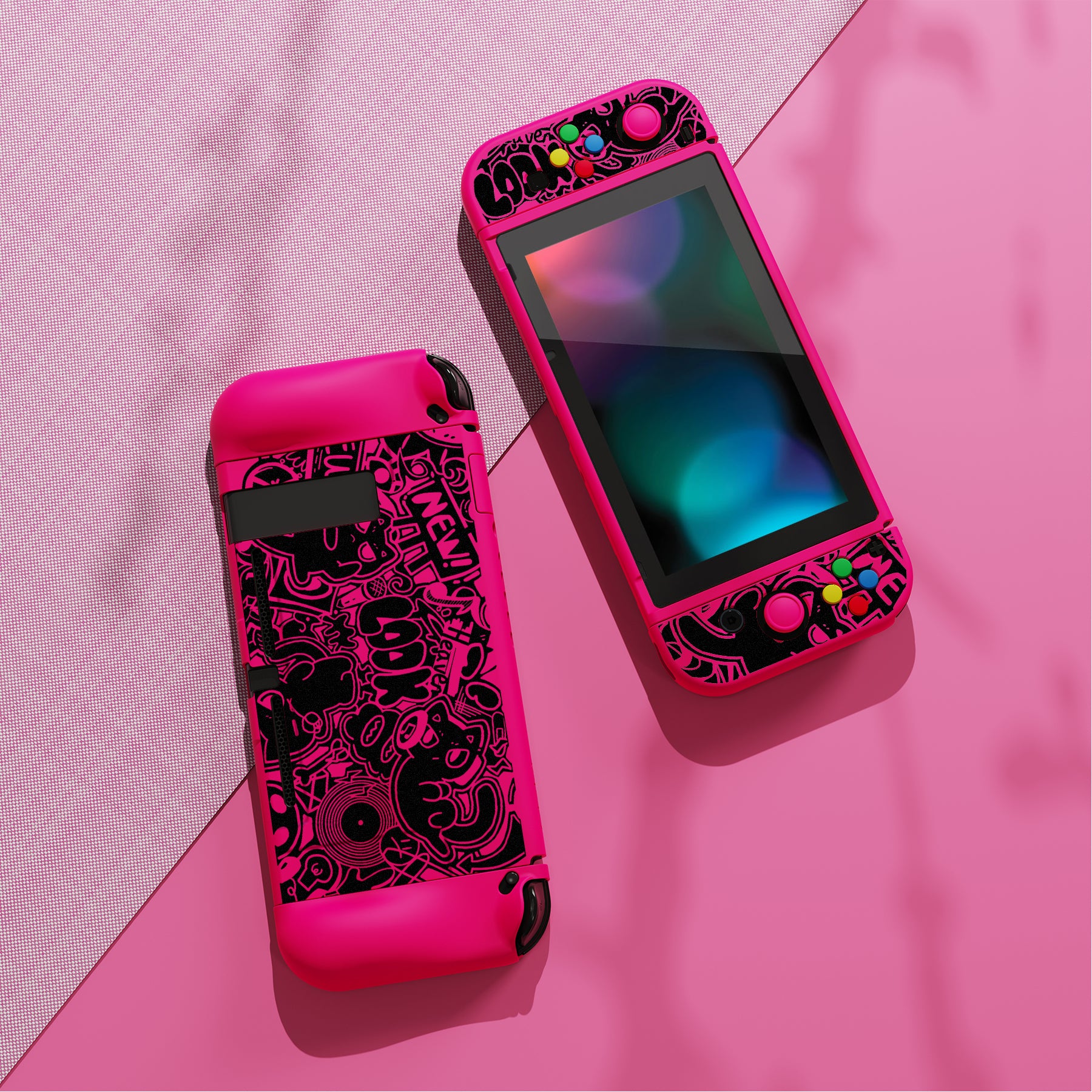 PlayVital ZealProtect Soft TPU Slim Protective Case with Tempered Glass Screen Protector & Thumb Grips & ABXY Direction Button Caps for Nintendo Switch - VV & Bright Pink playvital