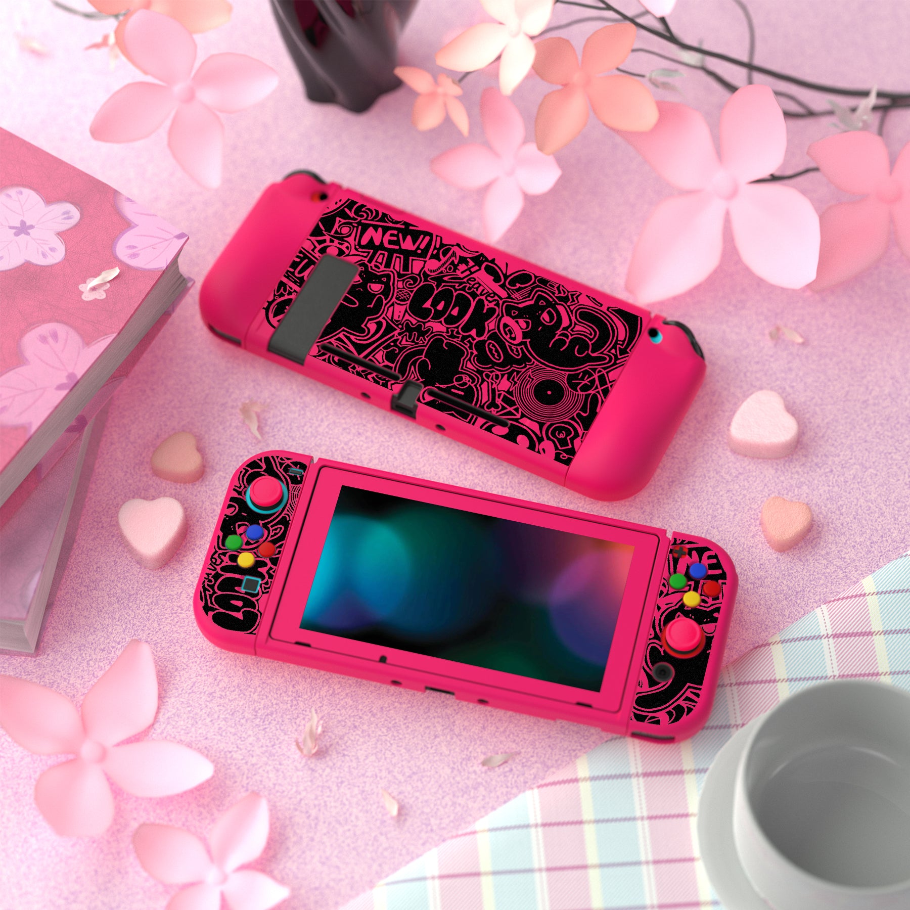 PlayVital ZealProtect Soft TPU Slim Protective Case with Tempered Glass Screen Protector & Thumb Grips & ABXY Direction Button Caps for Nintendo Switch - VV & Bright Pink playvital