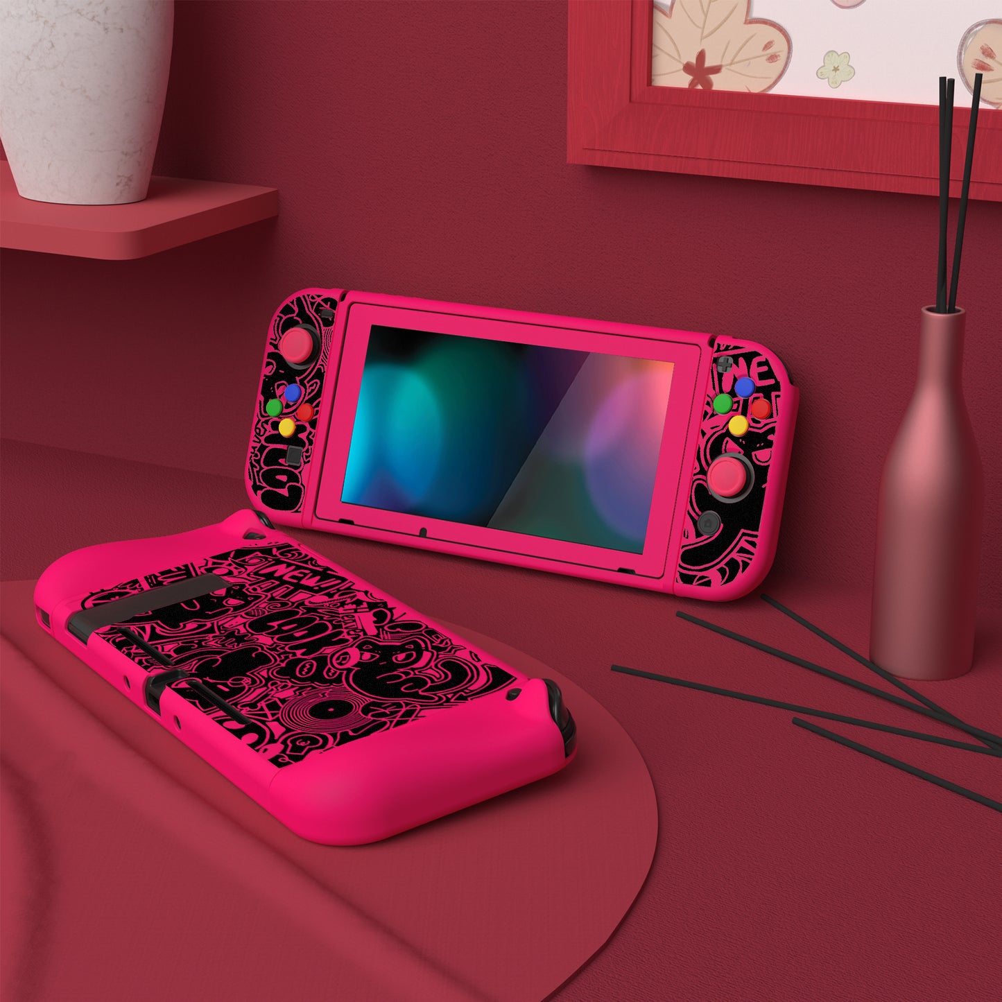 PlayVital ZealProtect Soft TPU Slim Protective Case with Tempered Glass Screen Protector & Thumb Grips & ABXY Direction Button Caps for Nintendo Switch - VV & Bright Pink playvital