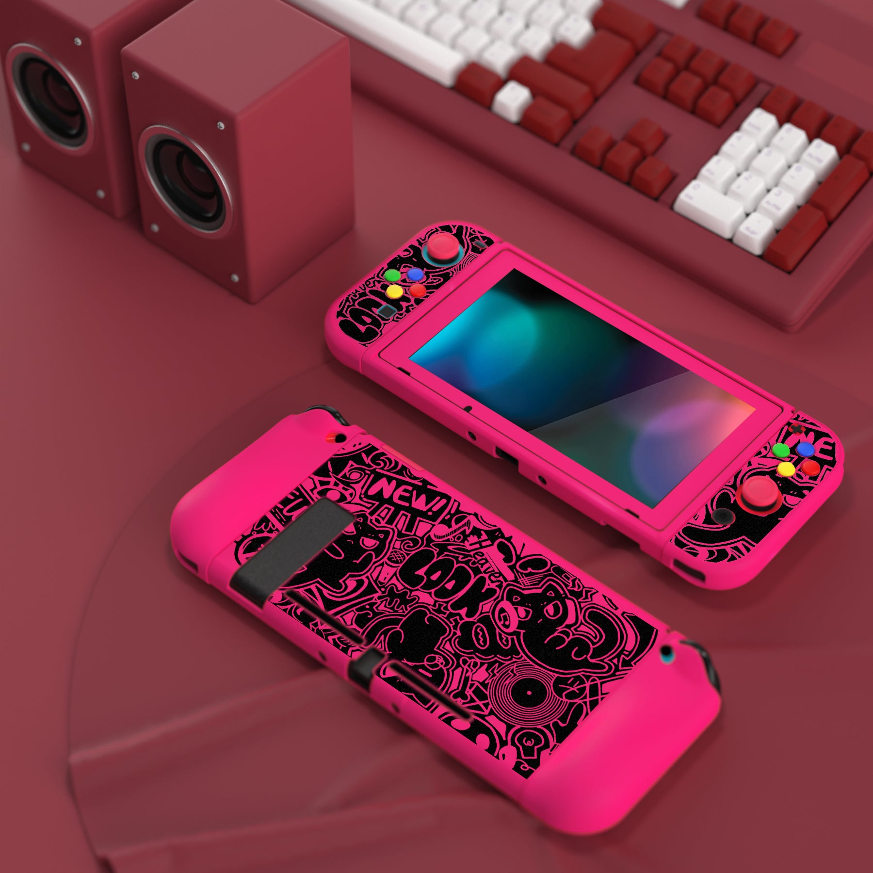 PlayVital ZealProtect Soft TPU Slim Protective Case with Tempered Glass Screen Protector & Thumb Grips & ABXY Direction Button Caps for Nintendo Switch - VV & Bright Pink playvital