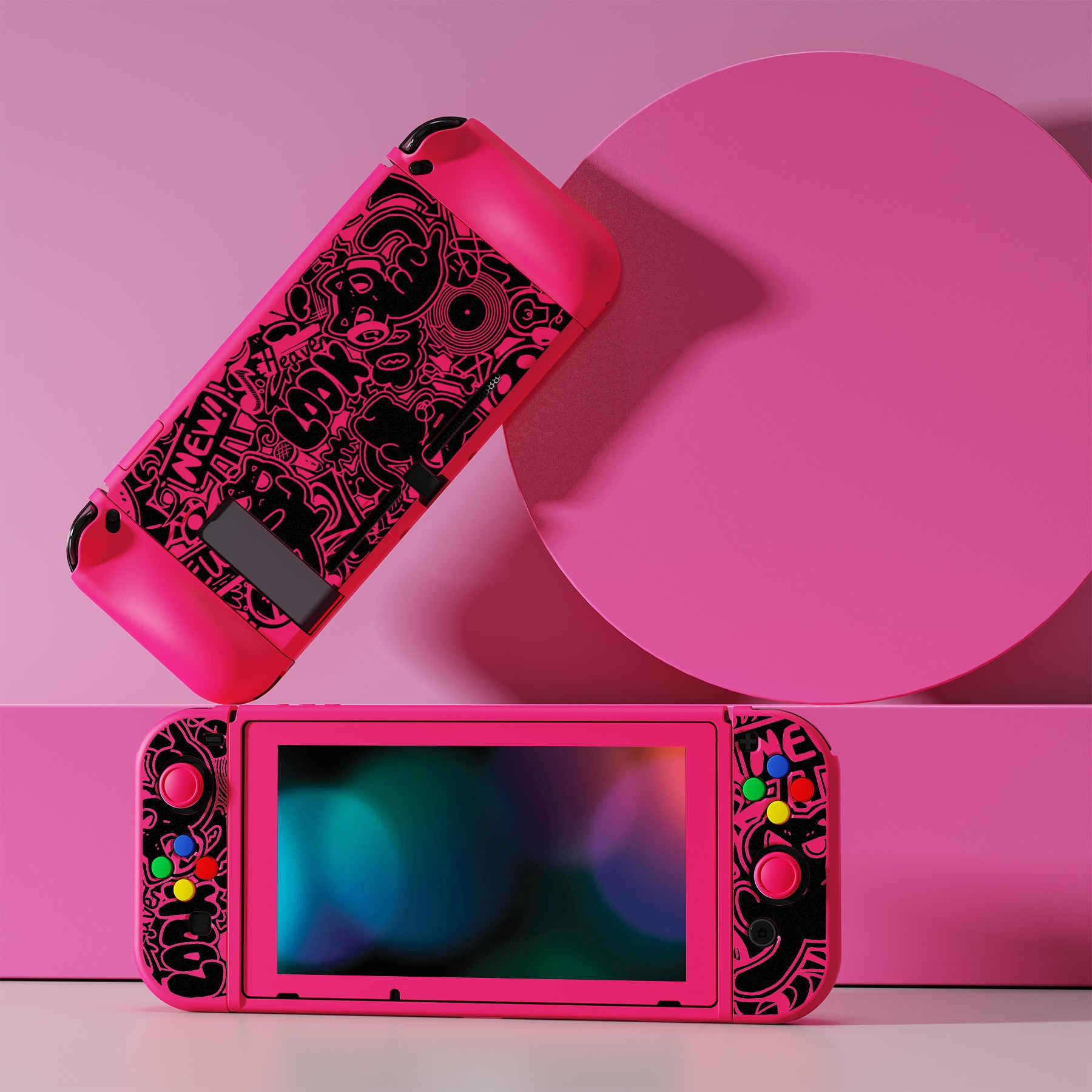 PlayVital ZealProtect Soft TPU Slim Protective Case with Tempered Glass Screen Protector & Thumb Grips & ABXY Direction Button Caps for Nintendo Switch - VV & Bright Pink playvital