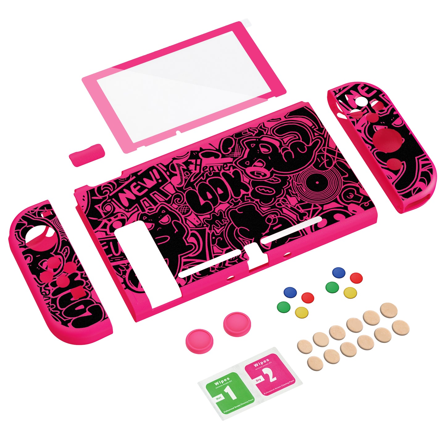 PlayVital ZealProtect Soft TPU Slim Protective Case with Tempered Glass Screen Protector & Thumb Grips & ABXY Direction Button Caps for Nintendo Switch - VV & Bright Pink playvital