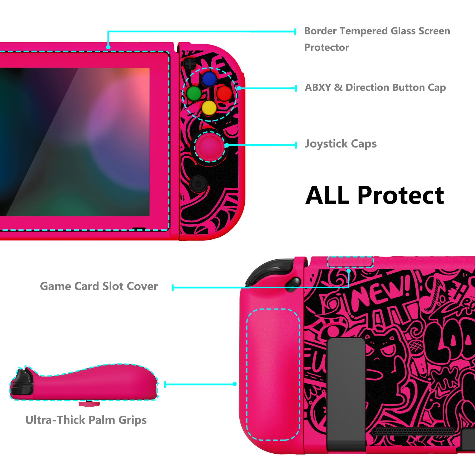 PlayVital ZealProtect Soft TPU Slim Protective Case with Tempered Glass Screen Protector & Thumb Grips & ABXY Direction Button Caps for Nintendo Switch - VV & Bright Pink playvital