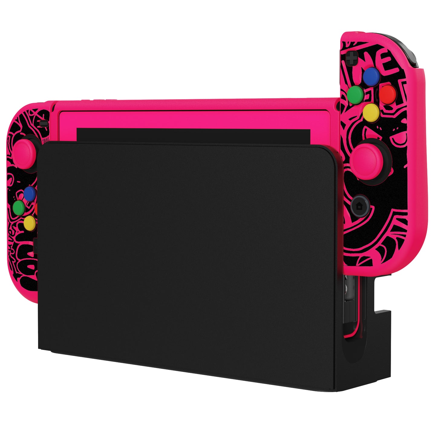 PlayVital ZealProtect Soft TPU Slim Protective Case with Tempered Glass Screen Protector & Thumb Grips & ABXY Direction Button Caps for Nintendo Switch - VV & Bright Pink playvital