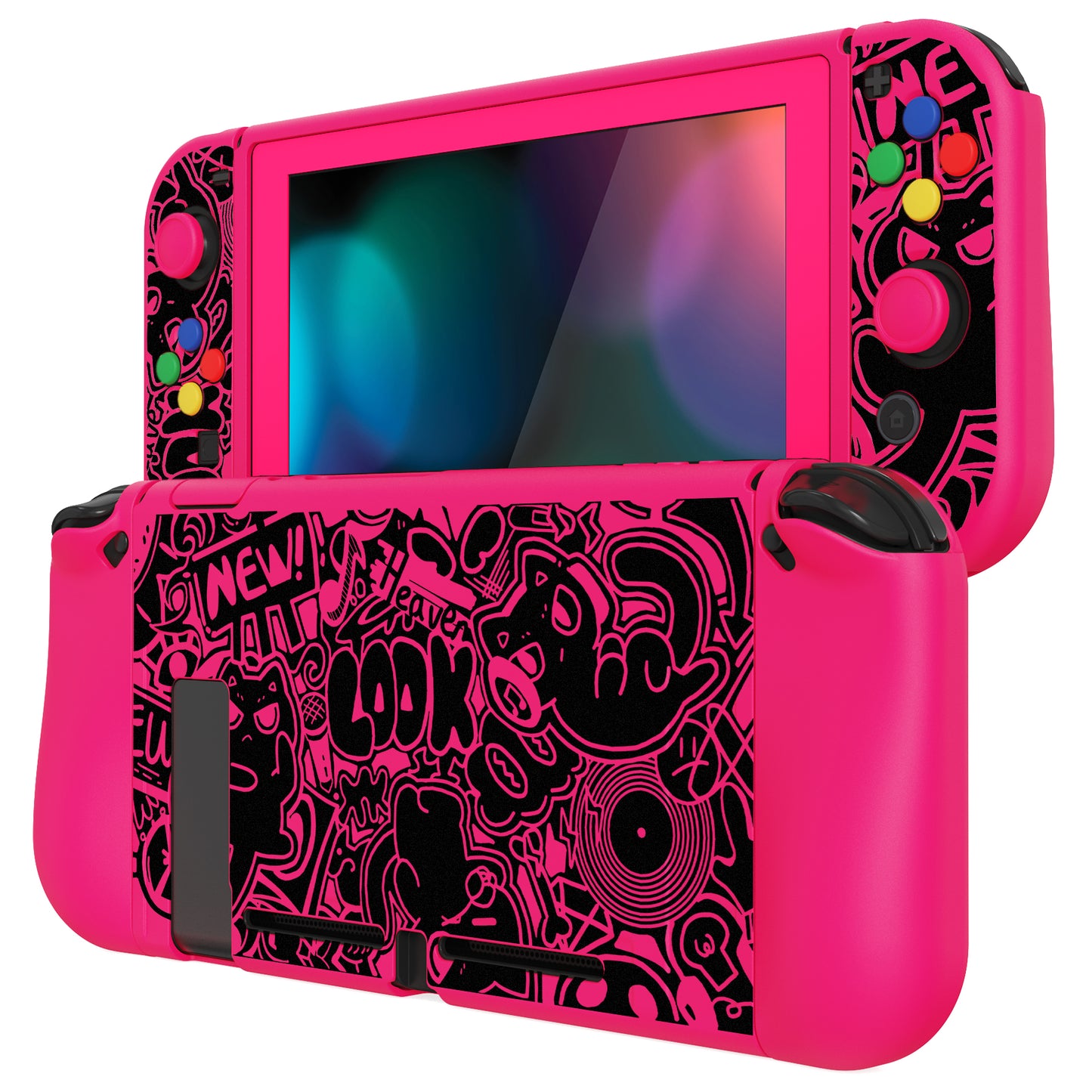 PlayVital ZealProtect Soft TPU Slim Protective Case with Tempered Glass Screen Protector & Thumb Grips & ABXY Direction Button Caps for Nintendo Switch - VV & Bright Pink playvital