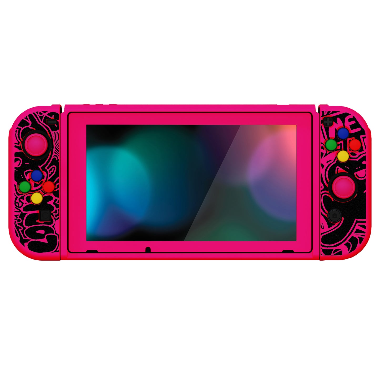 PlayVital ZealProtect Soft TPU Slim Protective Case with Tempered Glass Screen Protector & Thumb Grips & ABXY Direction Button Caps for Nintendo Switch - VV & Bright Pink playvital