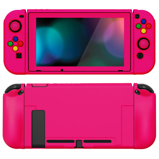 PlayVital ZealProtect Soft TPU Slim Protective Case with Tempered Glass Screen Protector & Thumb Grips & ABXY Direction Button Caps for Nintendo Switch - Bright Pink playvital