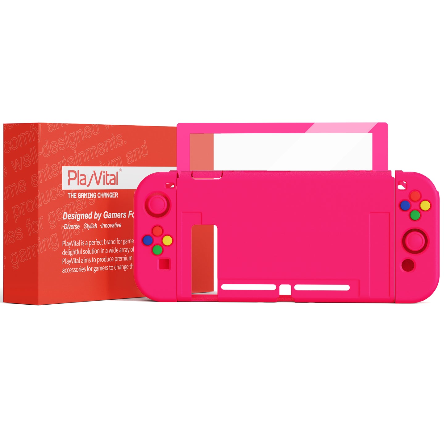 PlayVital ZealProtect Soft TPU Slim Protective Case with Tempered Glass Screen Protector & Thumb Grips & ABXY Direction Button Caps for Nintendo Switch - Bright Pink playvital