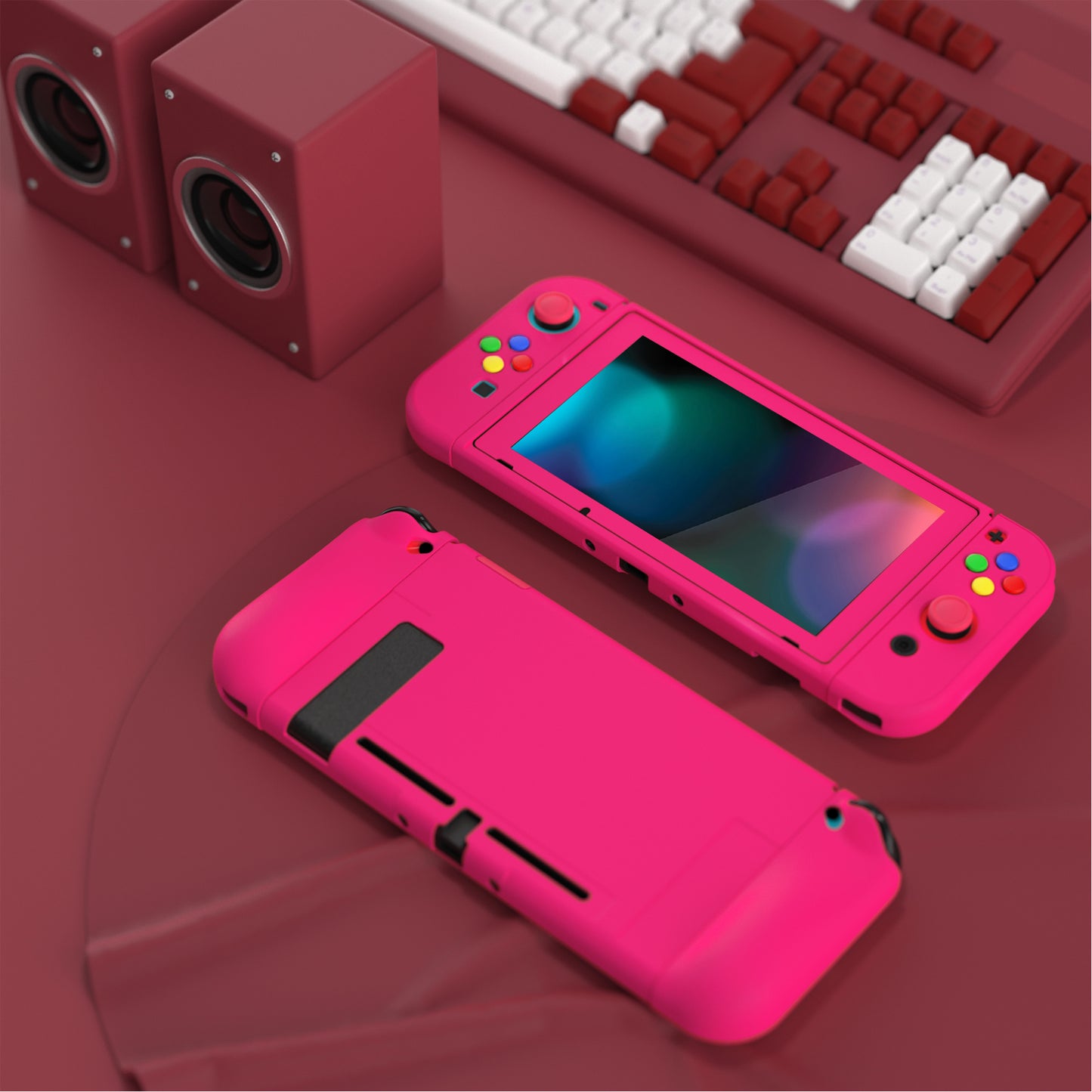 PlayVital ZealProtect Soft TPU Slim Protective Case with Tempered Glass Screen Protector & Thumb Grips & ABXY Direction Button Caps for Nintendo Switch - Bright Pink playvital