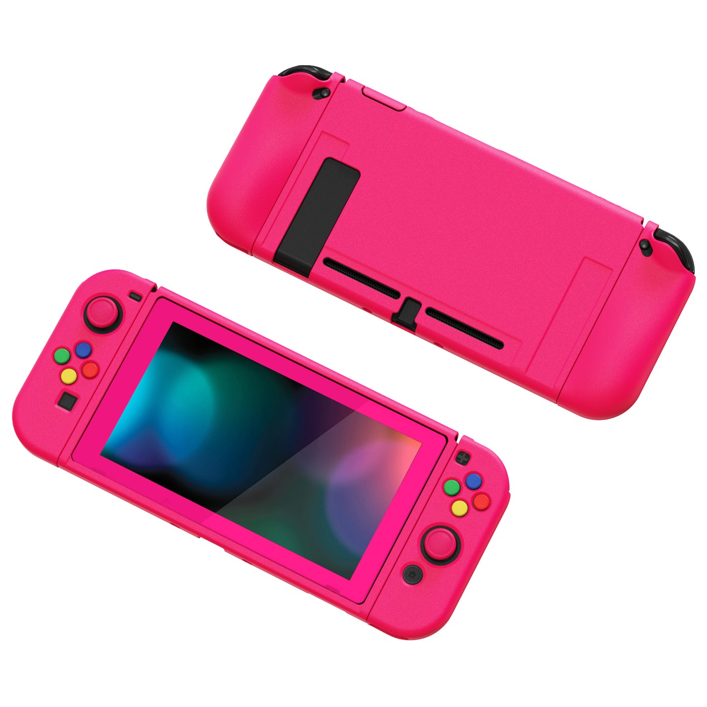 PlayVital ZealProtect Soft TPU Slim Protective Case with Tempered Glass Screen Protector & Thumb Grips & ABXY Direction Button Caps for Nintendo Switch - Bright Pink playvital