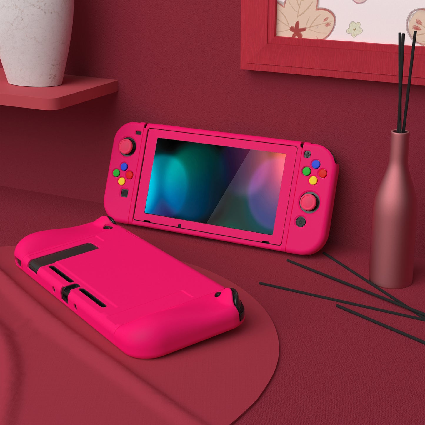 PlayVital ZealProtect Soft TPU Slim Protective Case with Tempered Glass Screen Protector & Thumb Grips & ABXY Direction Button Caps for Nintendo Switch - Bright Pink playvital