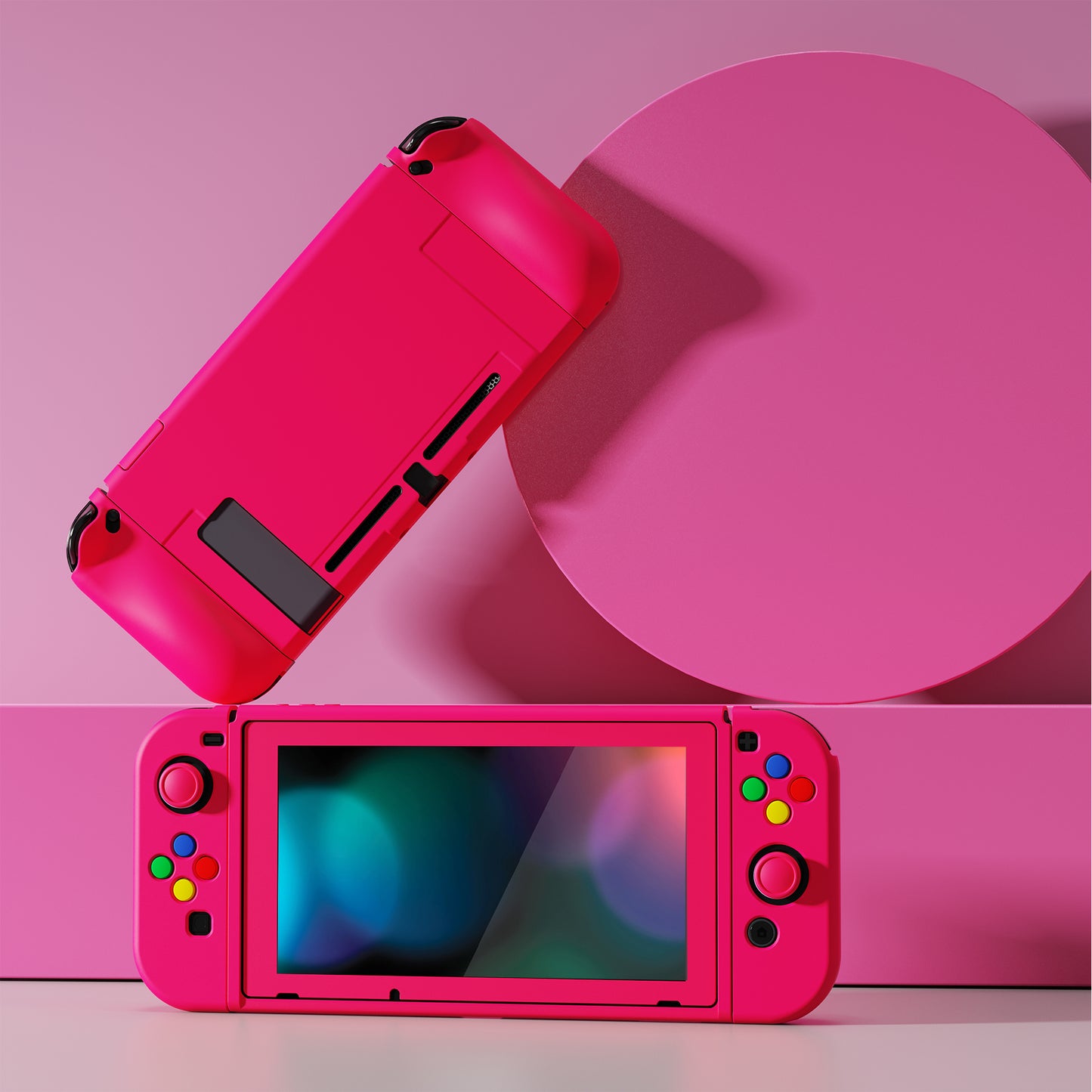 PlayVital ZealProtect Soft TPU Slim Protective Case with Tempered Glass Screen Protector & Thumb Grips & ABXY Direction Button Caps for Nintendo Switch - Bright Pink playvital