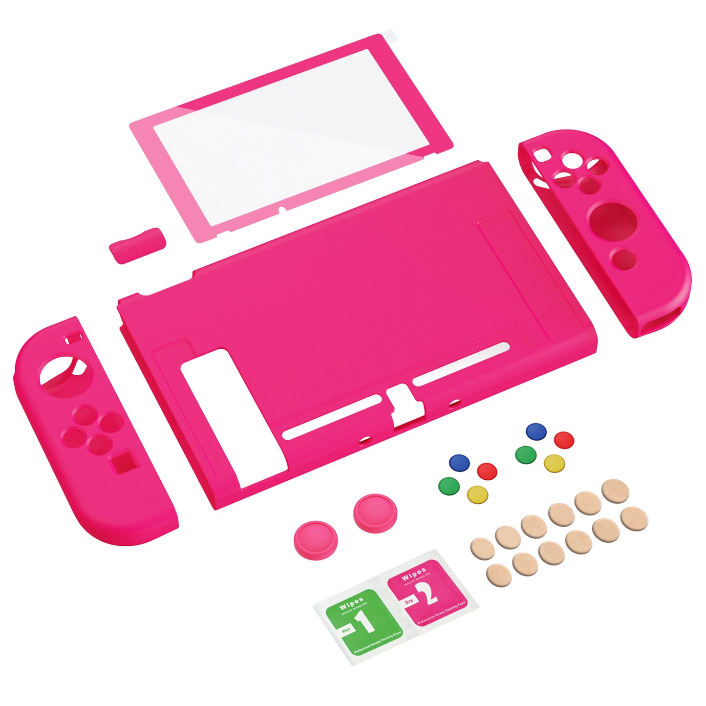 PlayVital ZealProtect Soft TPU Slim Protective Case with Tempered Glass Screen Protector & Thumb Grips & ABXY Direction Button Caps for Nintendo Switch - Bright Pink playvital