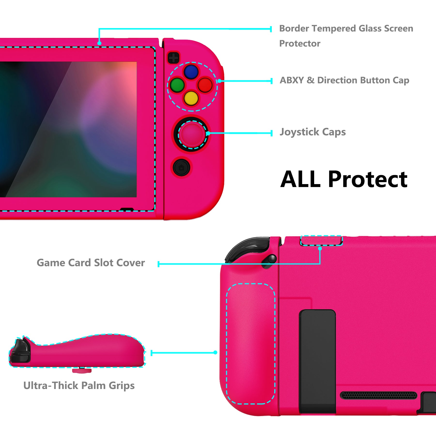 PlayVital ZealProtect Soft TPU Slim Protective Case with Tempered Glass Screen Protector & Thumb Grips & ABXY Direction Button Caps for Nintendo Switch - Bright Pink playvital