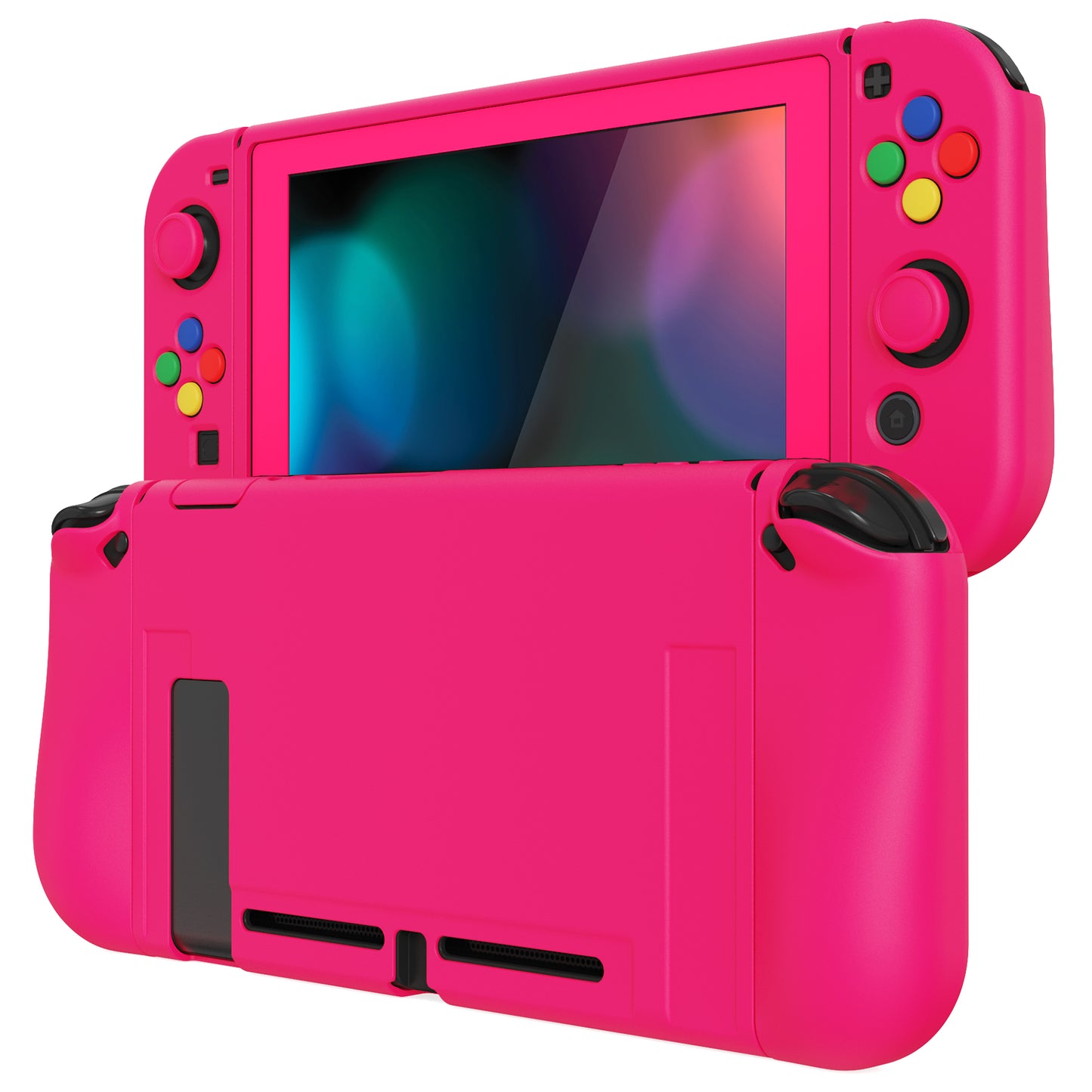 PlayVital ZealProtect Soft TPU Slim Protective Case with Tempered Glass Screen Protector & Thumb Grips & ABXY Direction Button Caps for Nintendo Switch - Bright Pink playvital