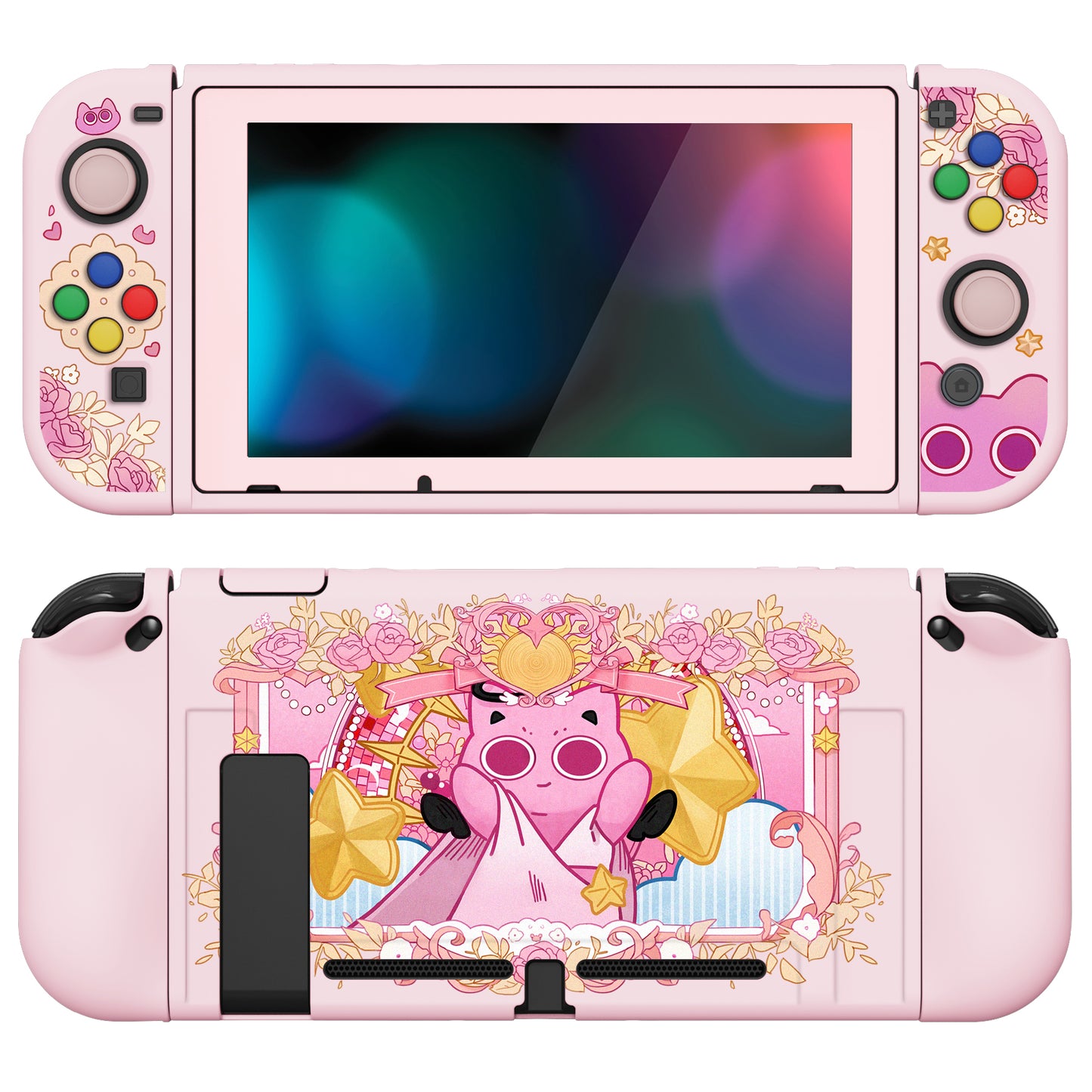 PlayVital ZealProtect Soft TPU Slim Protective Case with Tempered Glass Screen Protector & Thumb Grips & ABXY Direction Button Caps for Nintendo Switch - PP & Pink - RNSYV6061 playvital