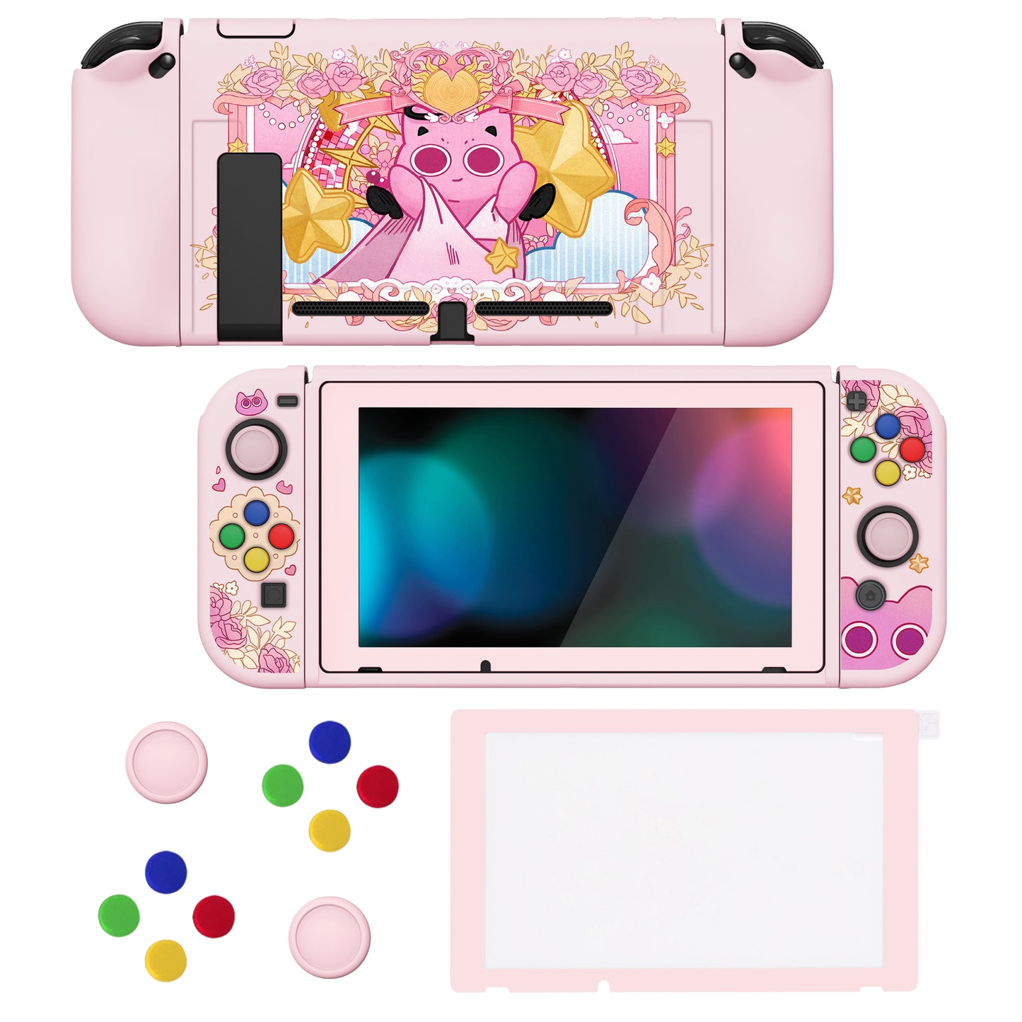 PlayVital ZealProtect Soft TPU Slim Protective Case with Tempered Glass Screen Protector & Thumb Grips & ABXY Direction Button Caps for Nintendo Switch - PP & Pink - RNSYV6061 playvital