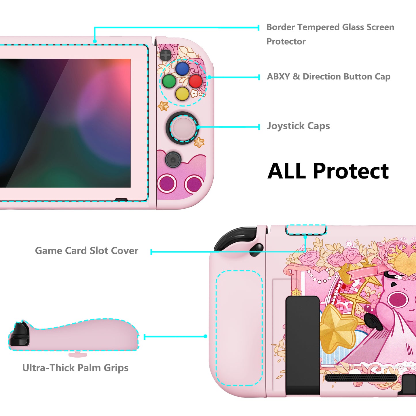 PlayVital ZealProtect Soft TPU Slim Protective Case with Tempered Glass Screen Protector & Thumb Grips & ABXY Direction Button Caps for Nintendo Switch - PP & Pink - RNSYV6061 playvital