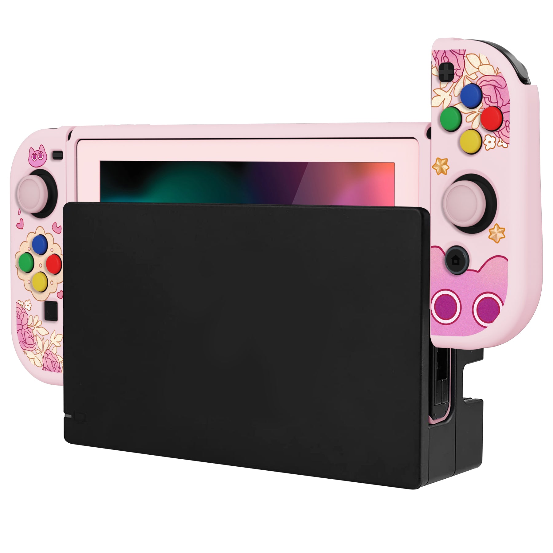 PlayVital ZealProtect Soft TPU Slim Protective Case with Tempered Glass Screen Protector & Thumb Grips & ABXY Direction Button Caps for Nintendo Switch - PP & Pink - RNSYV6061 playvital