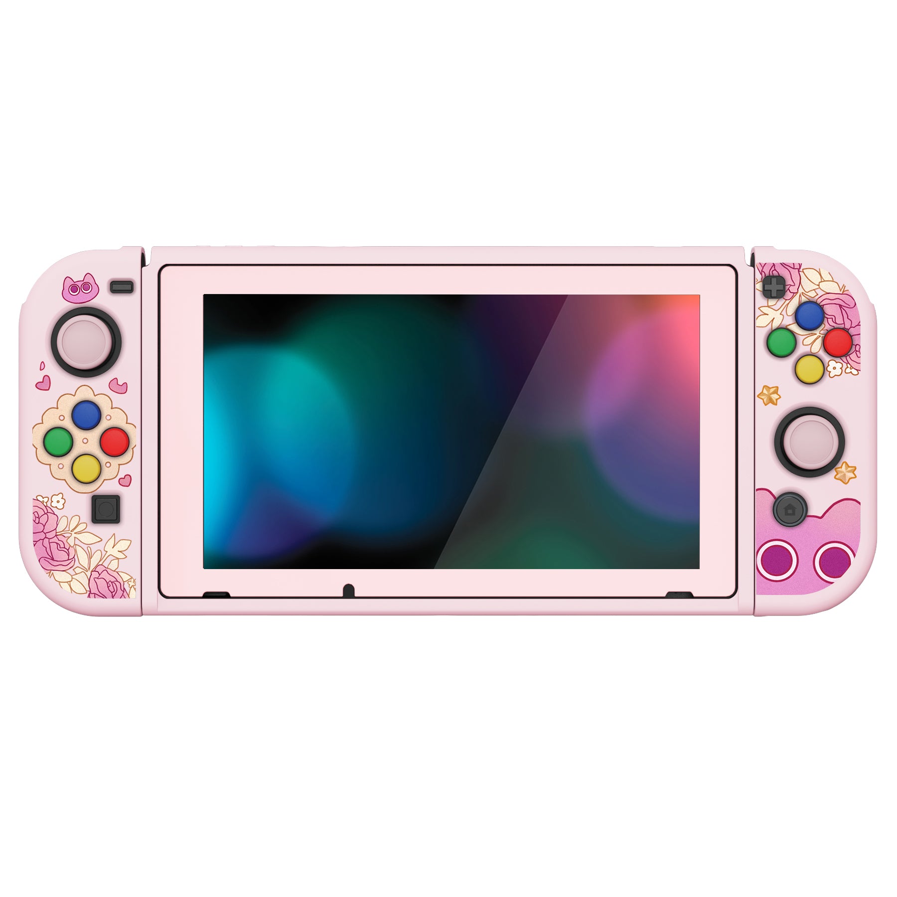 PlayVital ZealProtect Soft TPU Slim Protective Case with Tempered Glass Screen Protector & Thumb Grips & ABXY Direction Button Caps for Nintendo Switch - PP & Pink - RNSYV6061 playvital