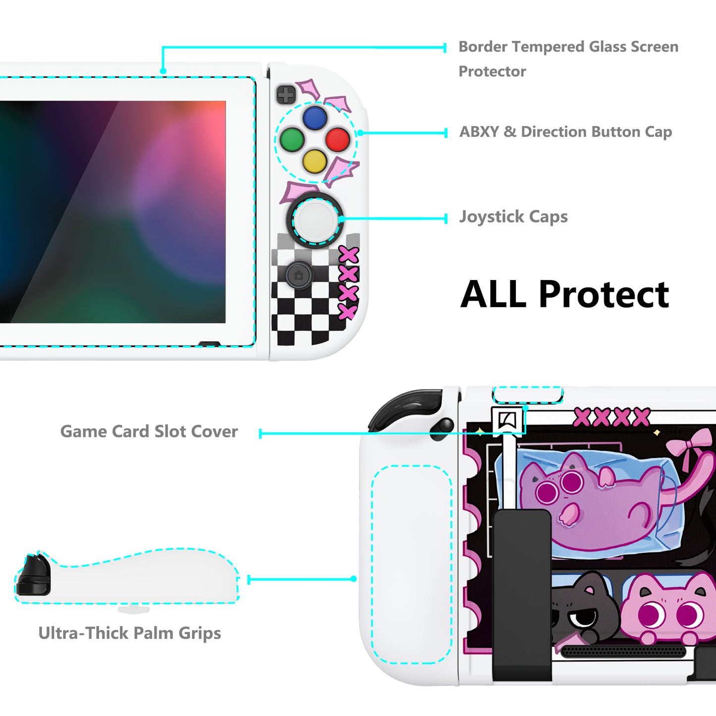 PlayVital ZealProtect Soft TPU Slim Protective Case with Tempered Glass Screen Protector & Thumb Grips & ABXY Direction Button Caps for Nintendo Switch - PP & VV - RNSYV6060 playvital