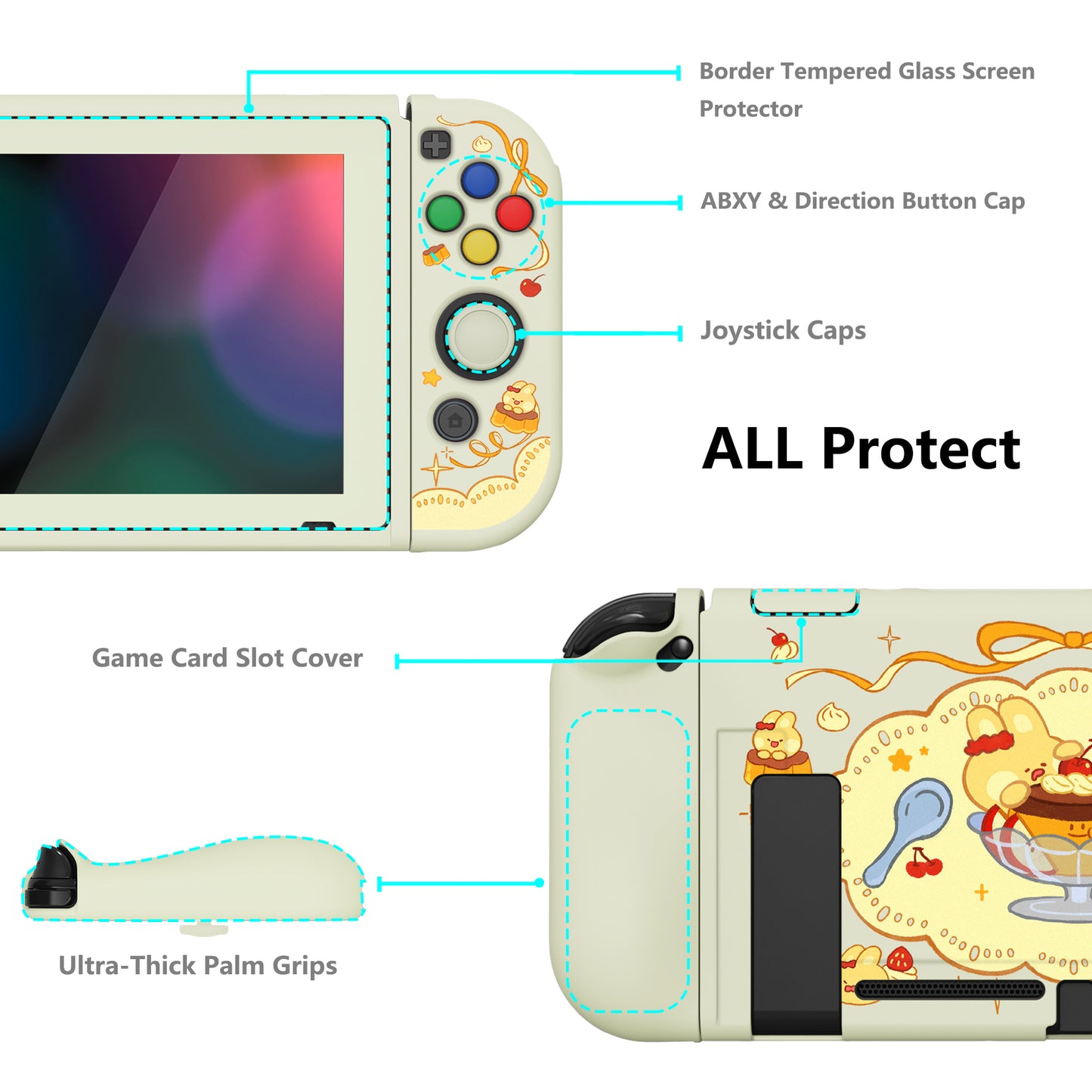 PlayVital ZealProtect Soft TPU Slim Protective Case with Tempered Glass Screen Protector & Thumb Grips & ABXY Direction Button Caps for Nintendo Switch - Pudding Rabbit - RNSYV6063 playvital