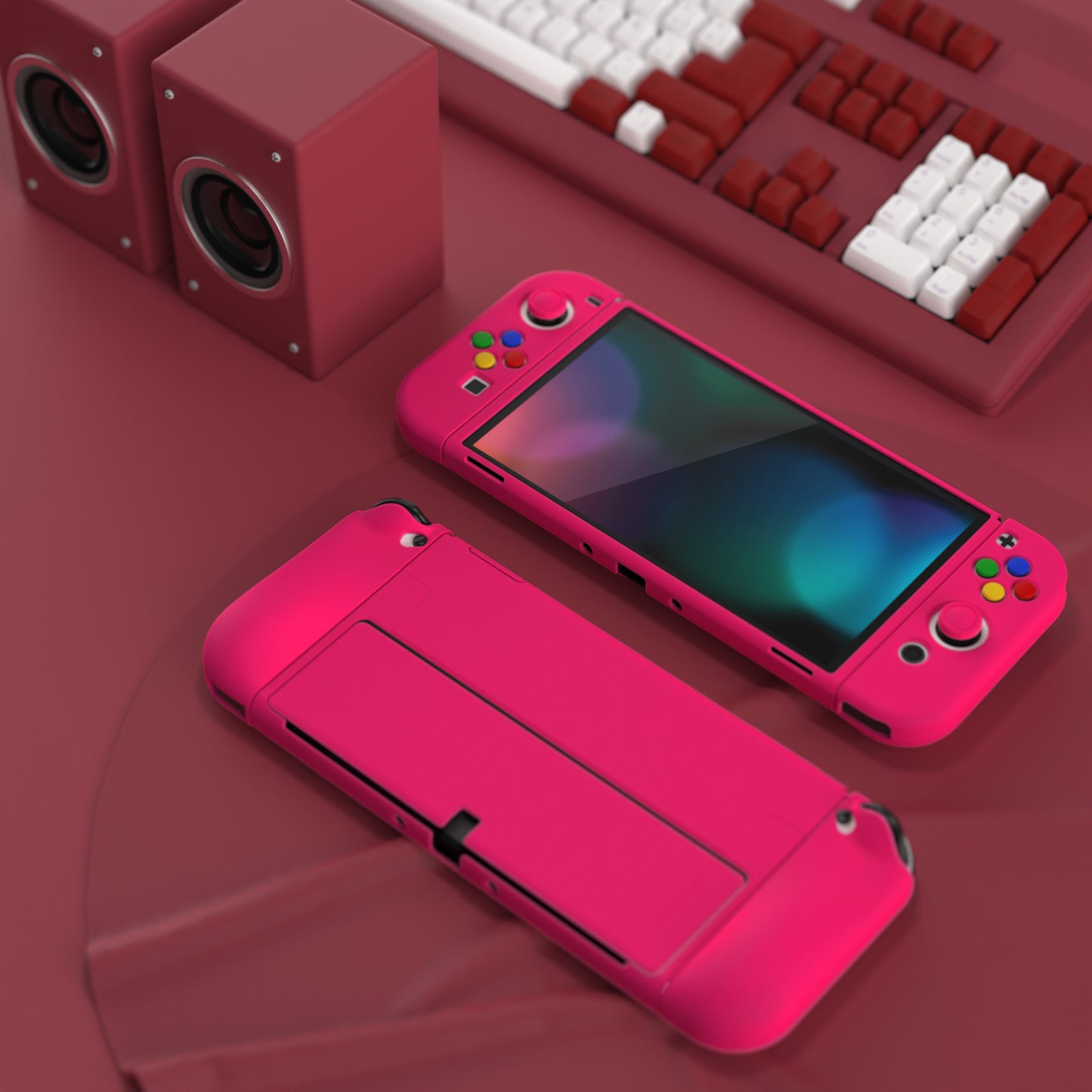 PlayVital ZealProtect Soft TPU Slim Protective Case with Thumb Grip Caps & ABXY Direction Button Caps for Nintendo Switch OLED - Bright Pink playvital